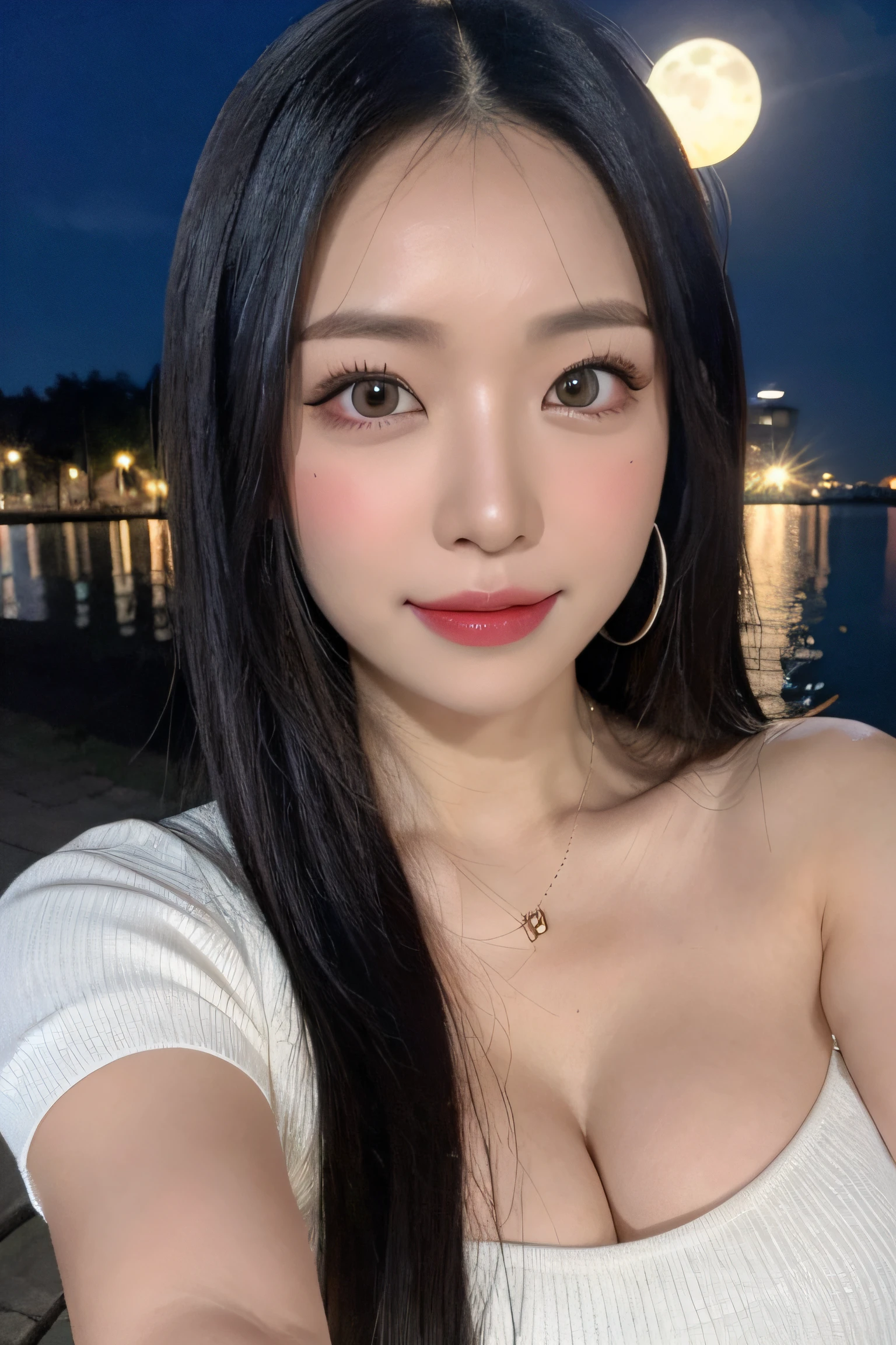 a woman,1 girl,black hair, hair bobbles, longeyelashes, solid circle eyes, light smile, mole under eye, piercing, light smile, shy, puckered lips, Surrealism, drop shadow, stereogram, pov, atmospheric perspective, depth of field, first-person view, f/1.8, 8k, super detail, ccurate, best quality, highres, best quality,full body,professional lighting,moonlight,evening,beach,necklace,race queen