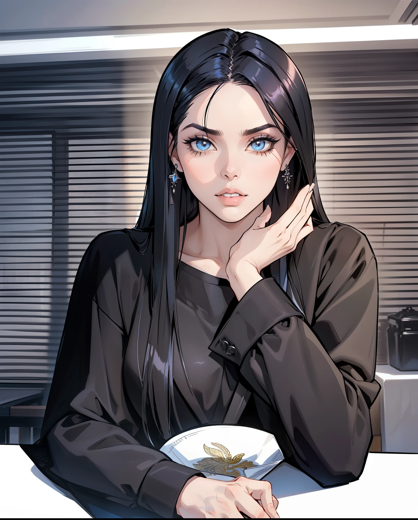((1girl))), ((toned)), male focus, Masterpiece artwork, high qualiy, (Masterpiece artwork:1.2), (best qualityer:1.2), shining skin, realisitic, ornate, intrikate, ((blackquality hair)), (long  hair), black greatcoat, expression serious, (shadows cast over the face:1.3), chic_Clothes, shadow room, Serious expression , (upperbody), Chinese traditional ink painting, (sexly)