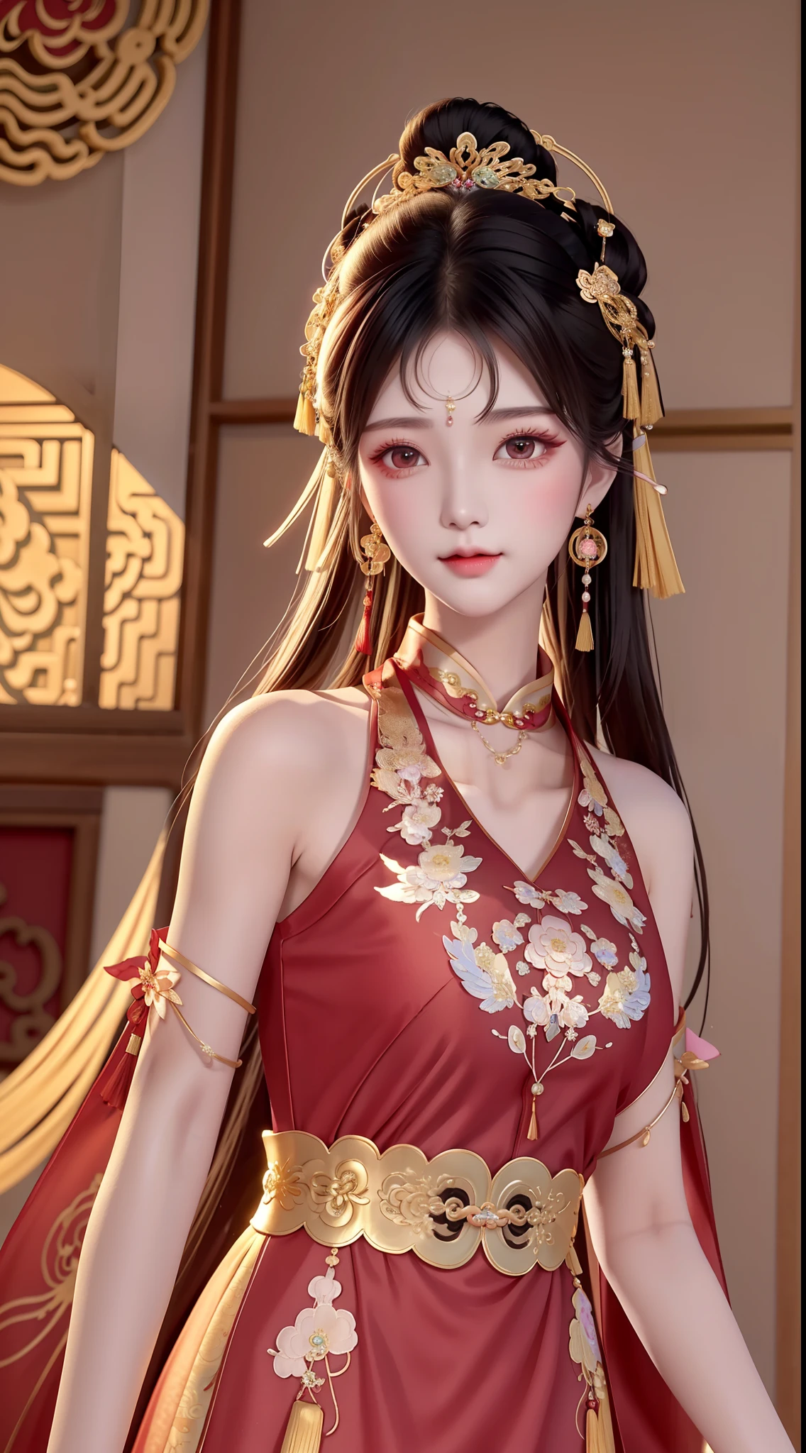 Best quality at best， tmasterpiece， beautiful  face， 1girll， Long_Hair， 独奏， The upper part of the body_Body， Porcelain dress，shift dresses，hair adornments， choker necklace， jewely， long whitr hair， 耳Nipple Ring， High-detail Chinese clothing,8K分辨率,超高分辨率,A young girl, A cute girl，short detailed hair，hair-bun，lipsticks，Tassel earrings，choker necklace，Black clear eyes，Smooth hair,鎖骨,Exquisite and perfect facial features, the most beautiful big eyes,Long eyelashes,The eyes are sweet and there are lying silkworms，dynamic angle,Extreme picture quality,Highest precision,Precise and perfect human anatomy，(((Professional Dress，Slim red Republic of China cheongsam，Crimson gold embroidery)))，((sitted))，Warm scene，超高分辨率，Ultra-clear vintage black flowing hair，Delicate bun）By bangs，（Long flowing hair，With a bun:1.3）），Delicate collarbones，beautiful make up，Exquisite and perfect facial features，，Big watery eyes，Lying silkworm，Long eyelashes，The eyes are sweet and have eye shadow，Slim waist，Do not show your hands，，lipsticks，Blushlush，Delicate earring earrings