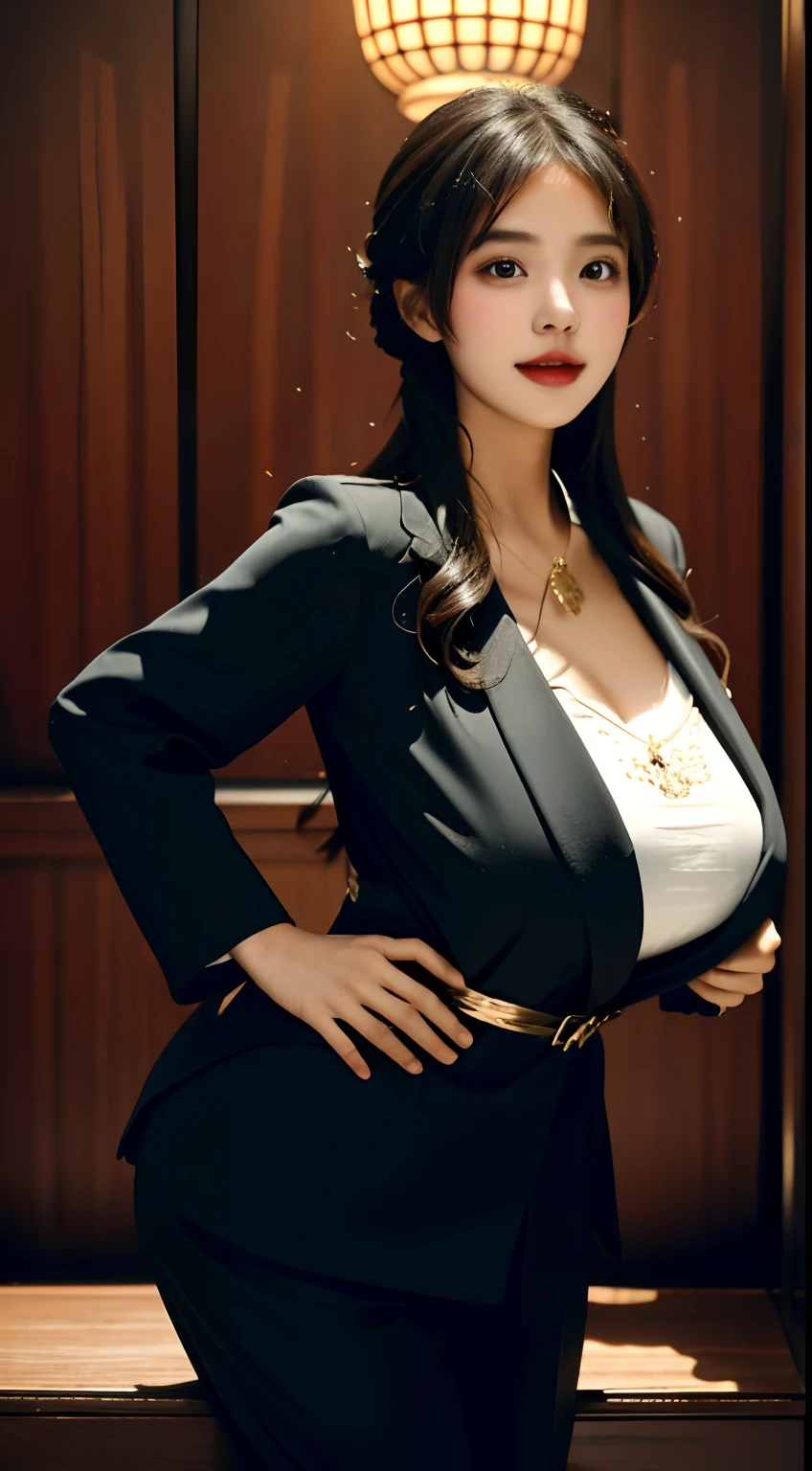 （A little loli little girl），Short girl，（Immature Slightly thin face），（Super swollen: Exaggerated scale: Swelling, Huge chest，super gigantic breasts），（Full clothing supported by breasts），（Plump clothing is supported by breasts），long whitr hair，（Wear a black women's suit），showing waist，office backdrop，Pose，Do difficult moves，Adopt a variety of sports positions，Pure temperament，ssmile，perfect  eyes, perfect hand，超高分辨率, Movie Angle, Professional lighting, best qualtiy, tmasterpiece, Perfect focus，Background bokeh，realisticlying，Ultra-high ress fabric texture，8k eye details，8K pupils，