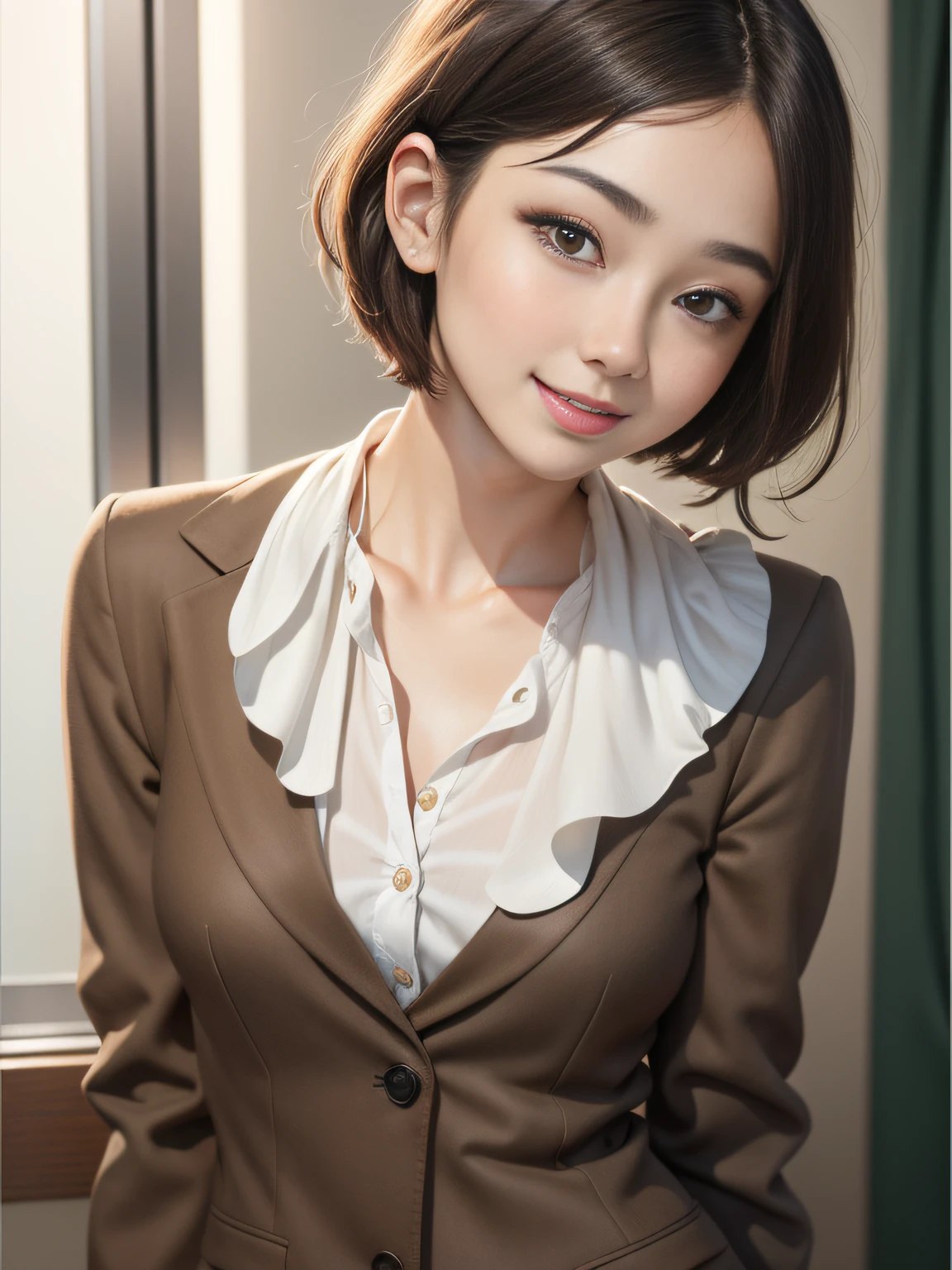 Real, Photo, {Realistic}, {incredibly_absurderes}, Bust, Transparent_Background：2.5, {Girl},ChineseGirl， Short hair, Brown hair, Cute face, Light smile, Beautiful detailed eyes, Brown eyes, Medium breasts, Wear a suit, realisticlying, Masterpiece, Best quality