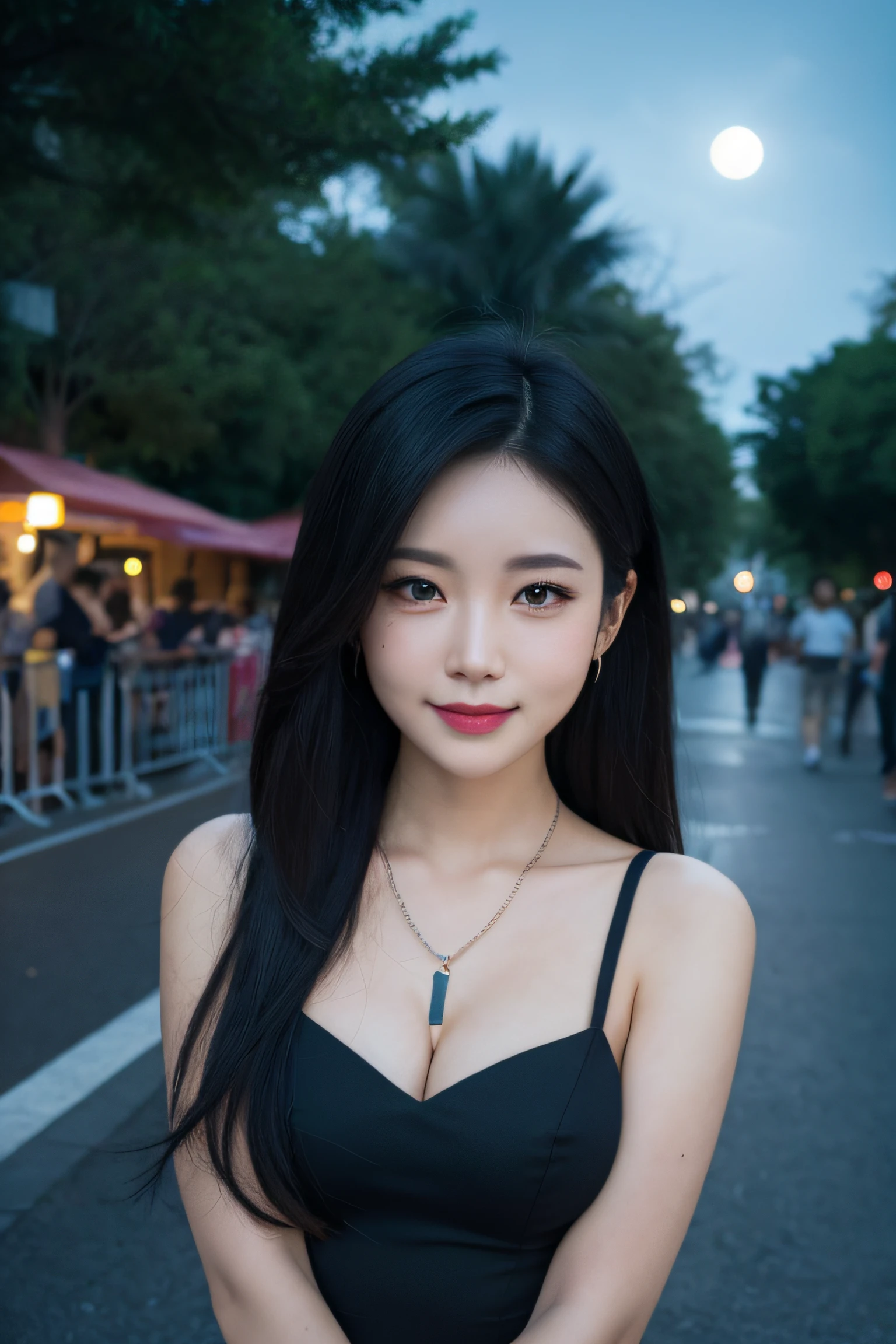 1 woman,black hair, hair bobbles, longeyelashes, solid circle eyes, light smile, mole under eye, light smile, shy, puckered lips, Surrealism, drop shadow, stereogram, pov, atmospheric perspective, depth of field, first-person view, f/1.8, 8k, super detail, ccurate, best quality, highres, best quality,full body,professional lighting,moonlight,evening,beach,necklace,race queen,fold your arms behind head:1.5,upper body,black dress,