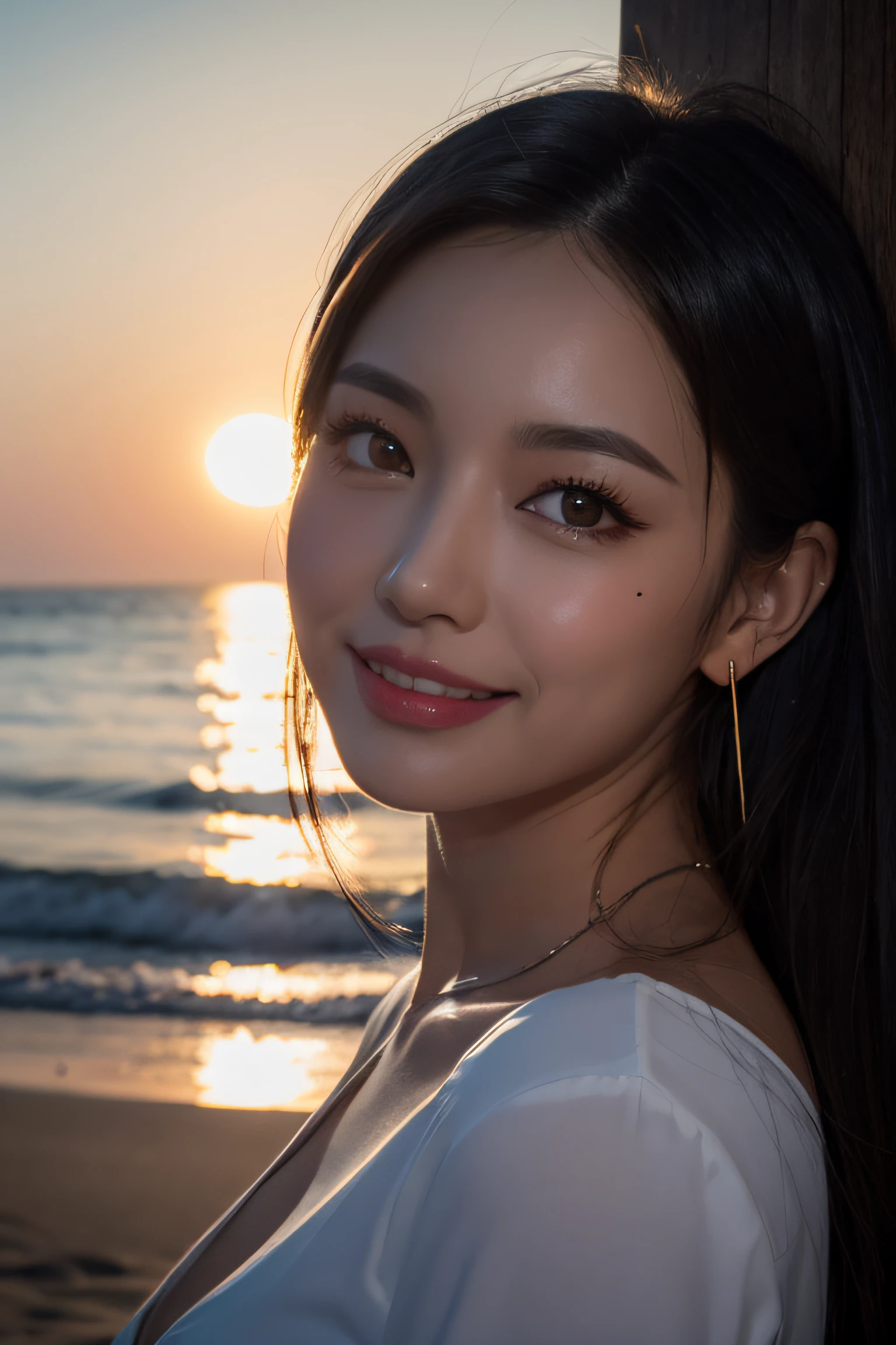 a woman,1 girl,black hair, hair bobbles, longeyelashes, solid circle eyes, light smile, mole under eye, heart earrings, light smile, shy, puckered lips, Surrealism, drop shadow, stereogram, pov, atmospheric perspective, depth of field, first-person view, f/1.8, 8k, super detail, ccurate, best quality, highres, best quality,full body,professional lighting,moonlight,evening,beach