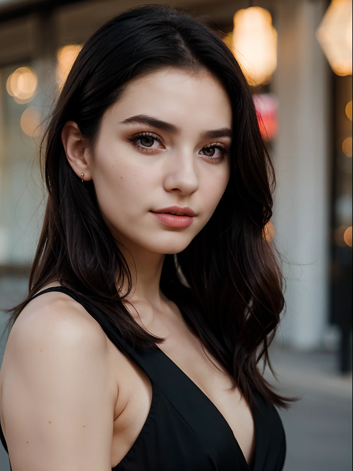 Portrait of 1 young 20yo woman, black hair, wearing colorful dress, perfect eyebrow, perfect lips, perfect nose, professional color graded, wonderful woman, cute russian woman, sharp focus, long hair