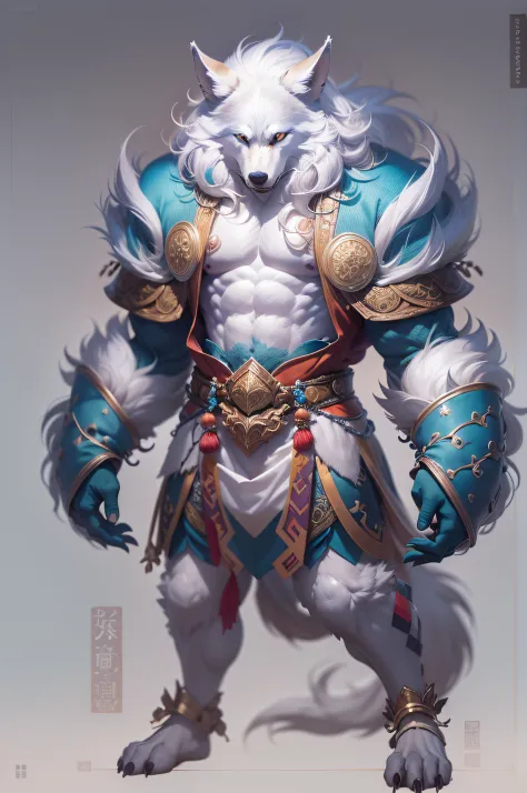 Male white wolf), standing on your feet, 独奏, musculature, Detailed scale texture, , (Shoulder blades, Leg nails), Blue body,Whit...