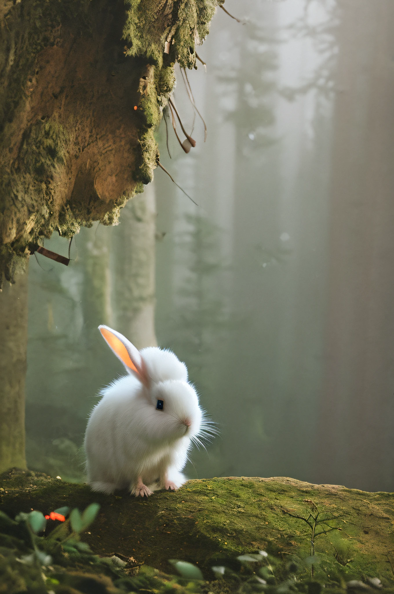 Classic negative portrait photo, fantasy video game character concept art, a cute white fluffy rabbit with a small brown leather backpack looking at a map hiking through the forest, dungeons and dragons, fantasy, river, haze, halo, Bloom, dramatic atmosphere, dark fantasy film of the 1970s, centered, rule of thirds