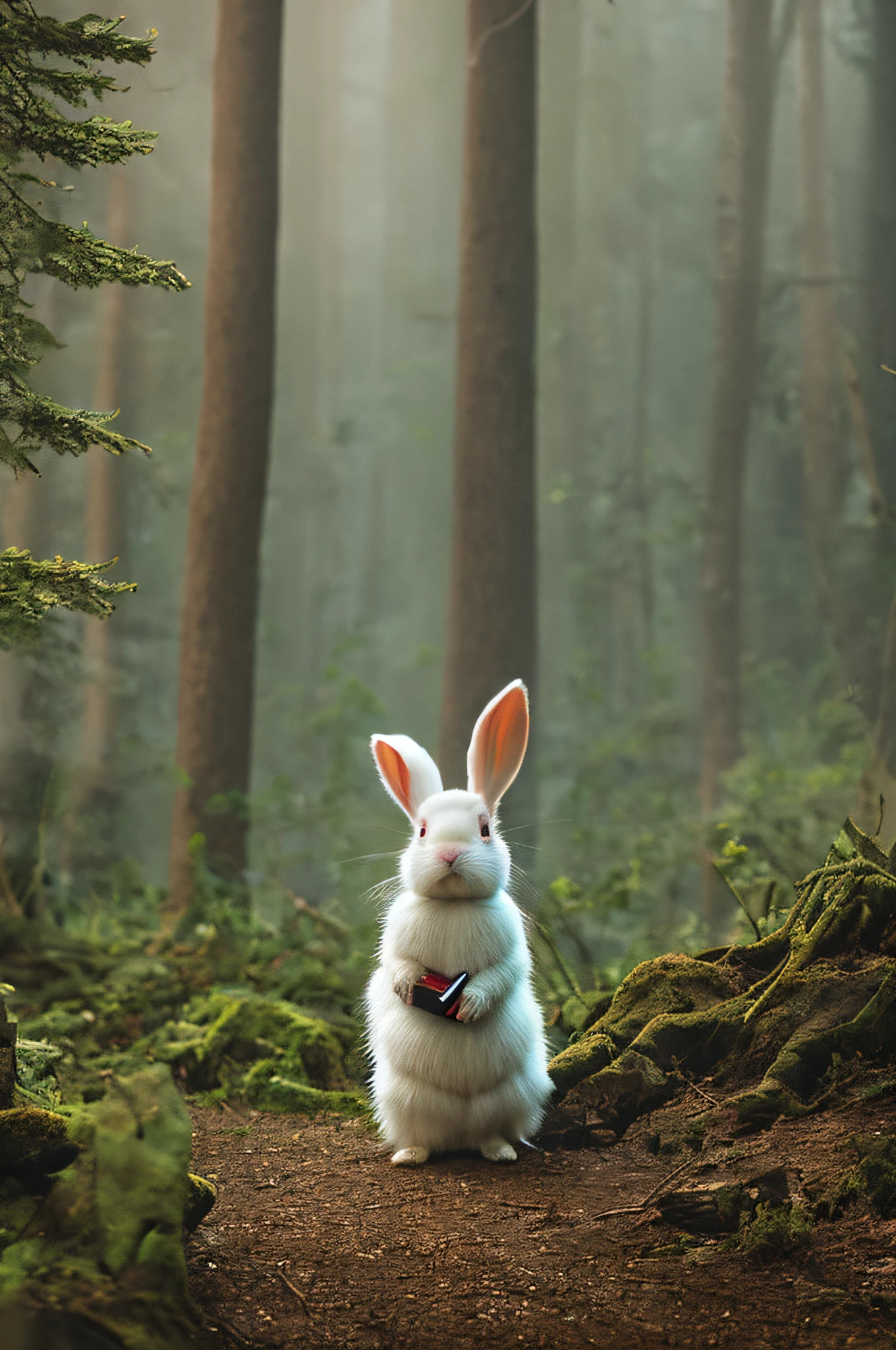 Classic negative portrait photo, fantasy video game character concept art, a cute white fluffy rabbit with a small brown leather backpack looking at a map hiking through the forest, dungeons and dragons, fantasy, river, haze, halo, Bloom, dramatic atmosphere, dark fantasy film of the 1970s, centered, rule of thirds