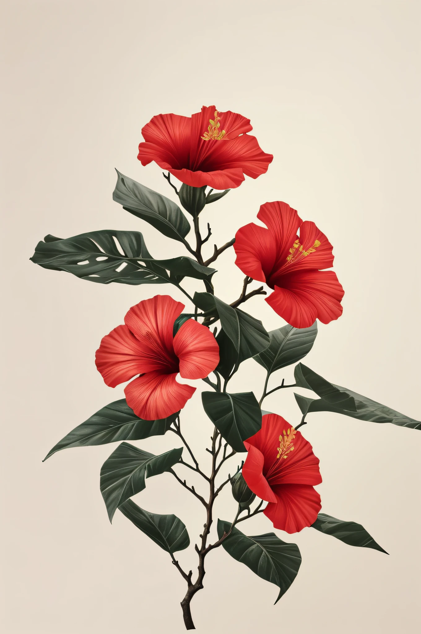 Hibiskusblüte blüht auf einem knorrigen Ast vor grauem Hintergrund, Einfacher Hintergrund, im Stil von Hellorange und Hellbeige, minimalist images, Fotografie-Installationen, Paläocore, grün und purpur, Hyperrealistisch, poetische Intimität