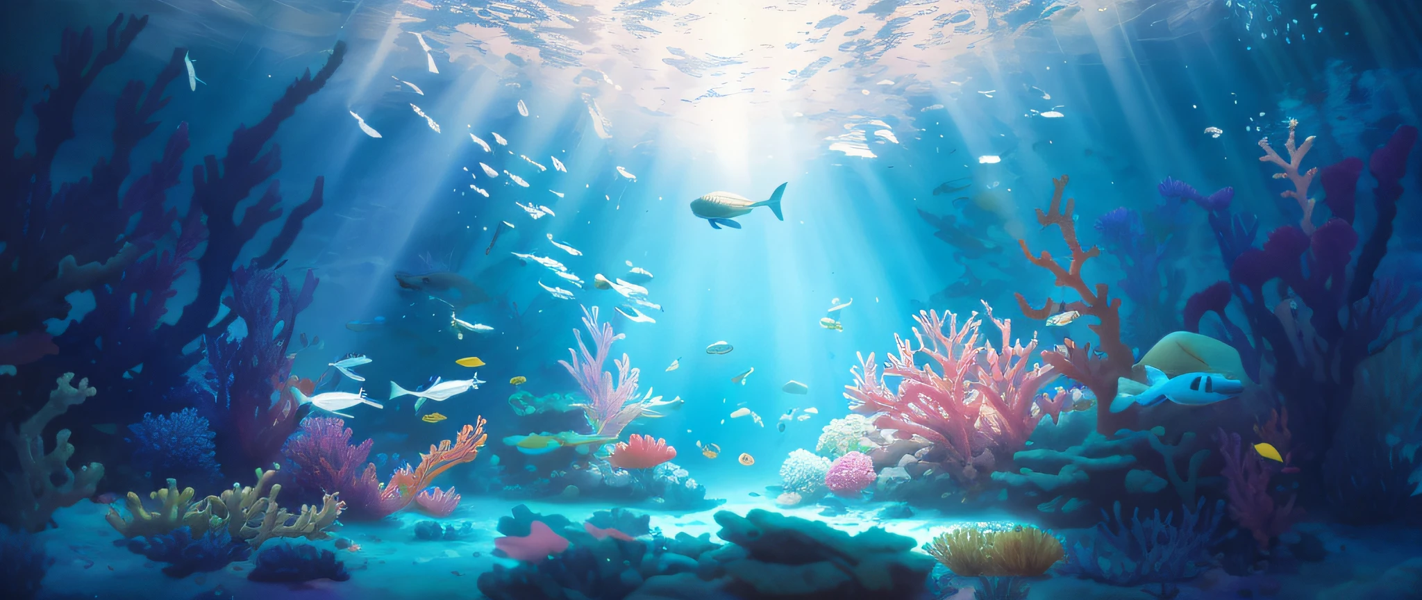 There is a painting，A fish tank with a lot of fish inside, closeup cinematic aquatic scene, Underwater scene, deep underwater scene, underwater with coral and fish, undersea environment, Underwater background, ocean floor, underwater scenery, background artwork, the reef, watercolor painting underwater, underwater ocean, underwater environment, jen bartel, abzu, bubbly underwater scenery, underwater scenery，8k smooth， RAW photo, Best quality, Masterpiece:1.4，Cinematic art ultra high resolution, Ultra-detailed, Hyper-realistic，Realistic rendering and detail，octane