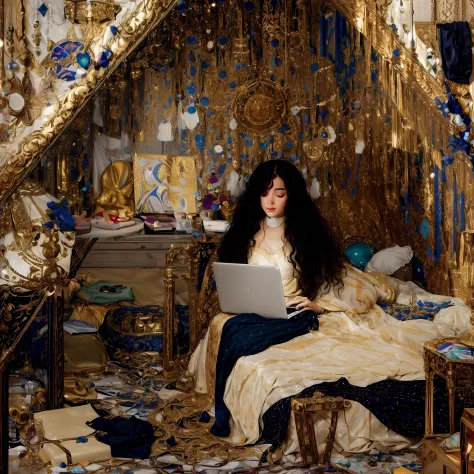 painting of a woman sitting on a bed with a laptop, in an attic, surrounded by glittering gold, ornamental sam guay, in her room...