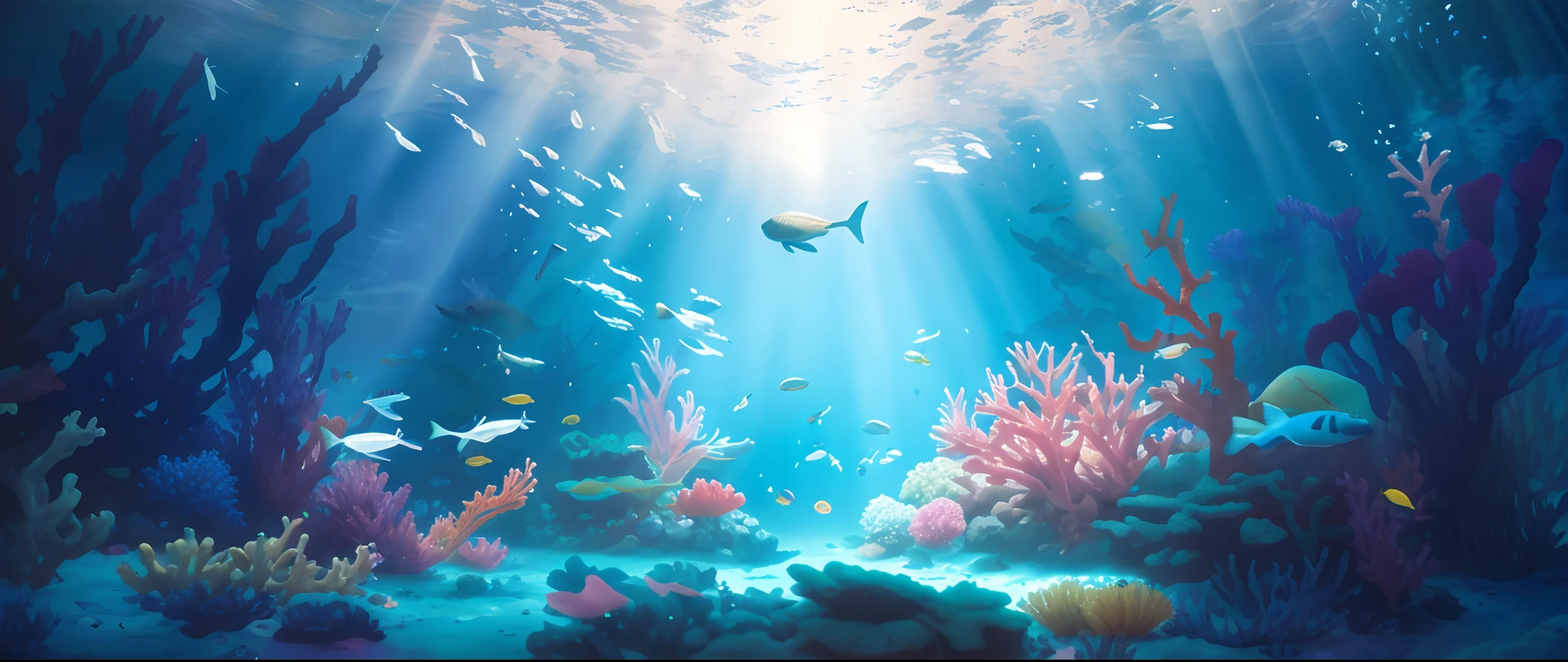 There is a painting，A fish tank with a lot of fish inside, closeup cinematic aquatic scene, Underwater scene, deep underwater scene, underwater with coral and fish, undersea environment, Underwater background, ocean floor, underwater scenery, background artwork, the reef, watercolor painting underwater, underwater ocean, underwater environment, jen bartel, abzu, bubbly underwater scenery, underwater scenery，8k smooth， RAW photo, Best quality, Masterpiece:1.4，Cinematic art ultra high resolution, Ultra-detailed, Hyper-realistic，Realistic rendering and detail，octane