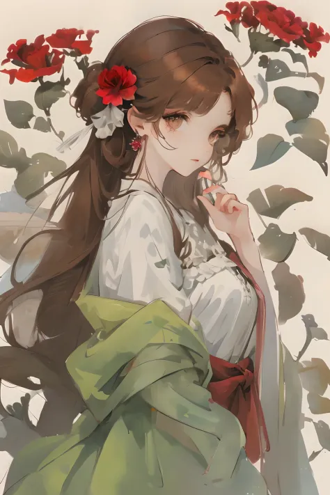 (aquarelle:1.2),1girll, Solo, flower, rosette， sportrait, Foliage, By bangs, signatures, Red flower, A brown-haired, long whitr hair, with brown eye, Flower earrings
