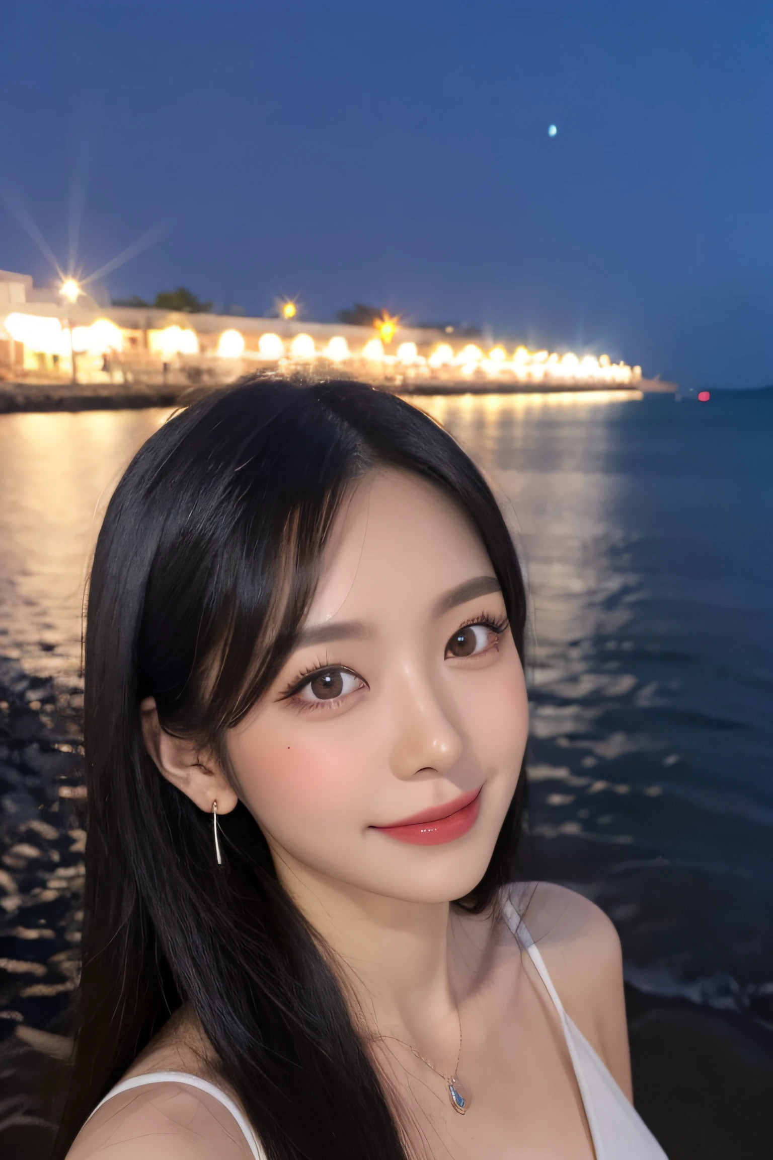 a woman,1 girl,black hair, hair bobbles, longeyelashes, solid circle eyes, light smile, mole under eye, heart earrings, light smile, shy, puckered lips, Surrealism, drop shadow, stereogram, pov, atmospheric perspective, depth of field, first-person view, f/1.8, 8k, super detail, ccurate, best quality, highres, best quality,full body,professional lighting,moonlight,evening,beach