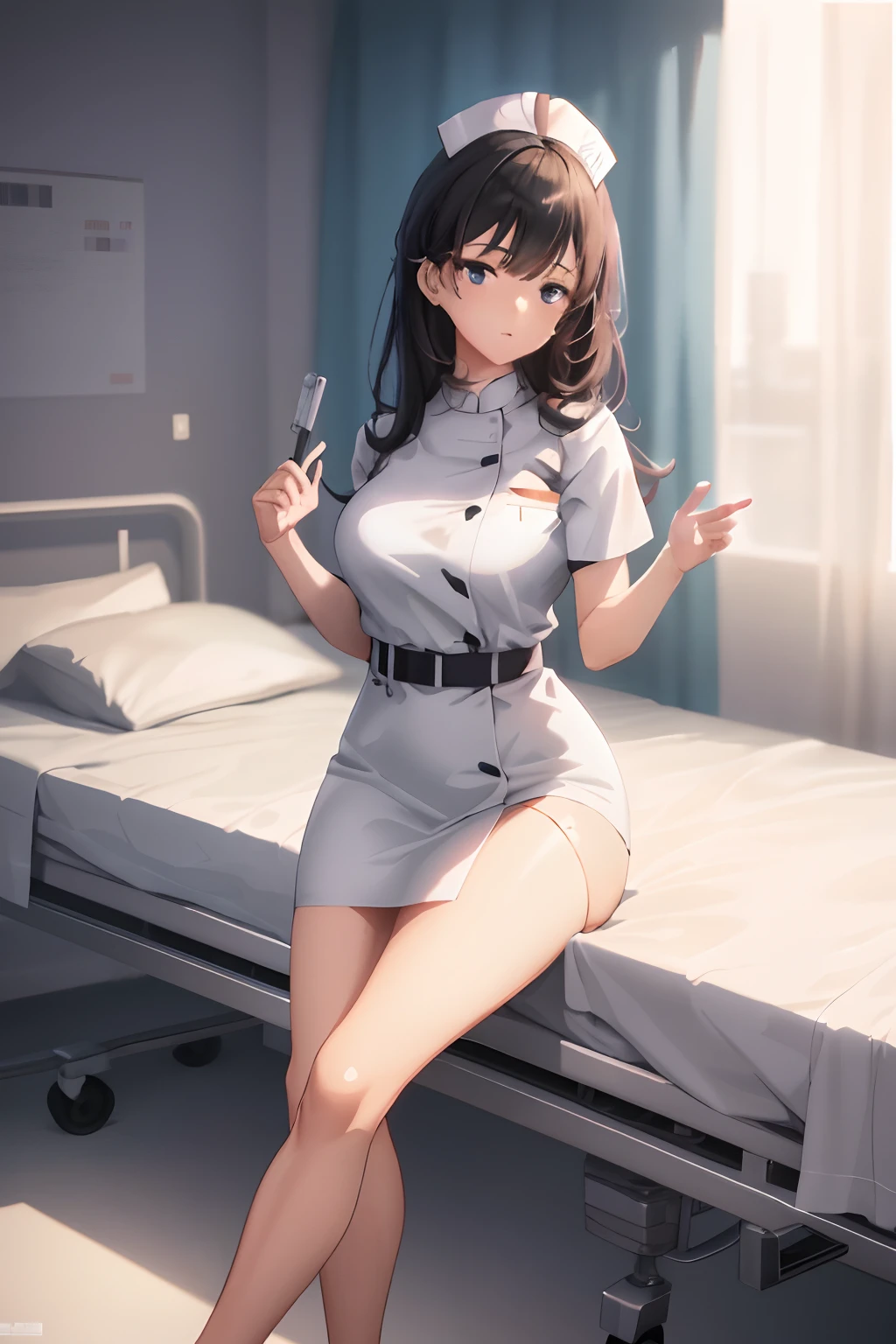 Anime girl sitting on hospital bed in nurse's uniform, nurse girl, seductive anime girls, Smooth anime CG art, [ 4 K digital art ]!!, Wearing a white hospital gown, Best anime 4k konachan wallpaper, Realistic anime 3 D style, attractive anime girls, 4K anime wallpaper, from girls frontline, Fine details. Girl Front