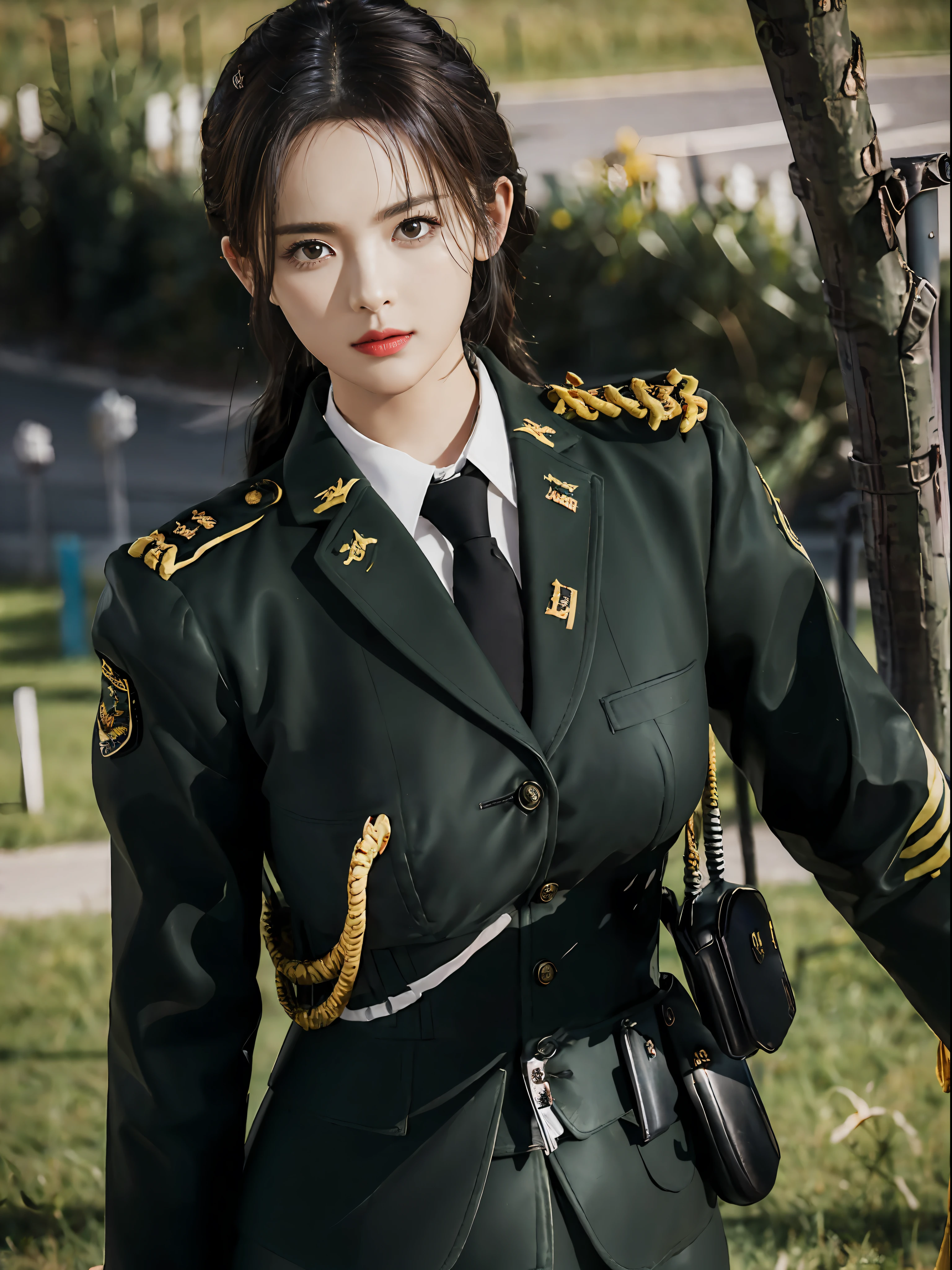 Very detailed CG unity 8K wallpaper，（tmasterpiece），（best qualtiy），（ultra - detailed），（Ultra photo realsisim），（best character detail：1.36），Nikon D750 f / 1.4 55mm，profesional lighting， physically-based renderingt, 1girll, Female soldier，army suit，Dark green military uniform，Fabric texture military uniform，Pure white lining，Dark green tie，Black hair，the golden ratio,[:(com rosto detalhado:1.2):0.2]:,PureErosFace_V1, broad shoulder,(Bigchest:1.5),(big assa:1.5)，Soaked with sweat，red flags，In the square，Splendid scenery，bright sun，upper body photos，Place your hands on your chest，