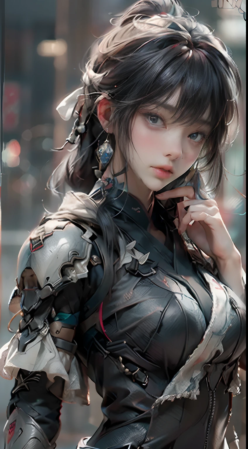 ((Best Quality)), ((masutepiece)), (detail: 1.4), 3D, Beautiful Japan female figure, nffsw (High dynamic range), Ninja attire, satin, Ray tracing, NVIDIA RTX, Hyper-Resolution, Unreal 5, Subsurface scattering, PBR Textures, Post-processing, Anisotropy Filtering, depth of fields, Maximum Sharpness and Clarity, Multilayer Texture, Albedo and Highlight Maps, Surface Shading, accurate simulation of light and material interactions, Perfect proportions, Octane Render, bi-color light, Large aperture, Low ISO, White Balance, thirds rule, 8K Raw, finger detailing, refined facial features, Focus on the face、A dark-haired、Red ribbons、hand armor、