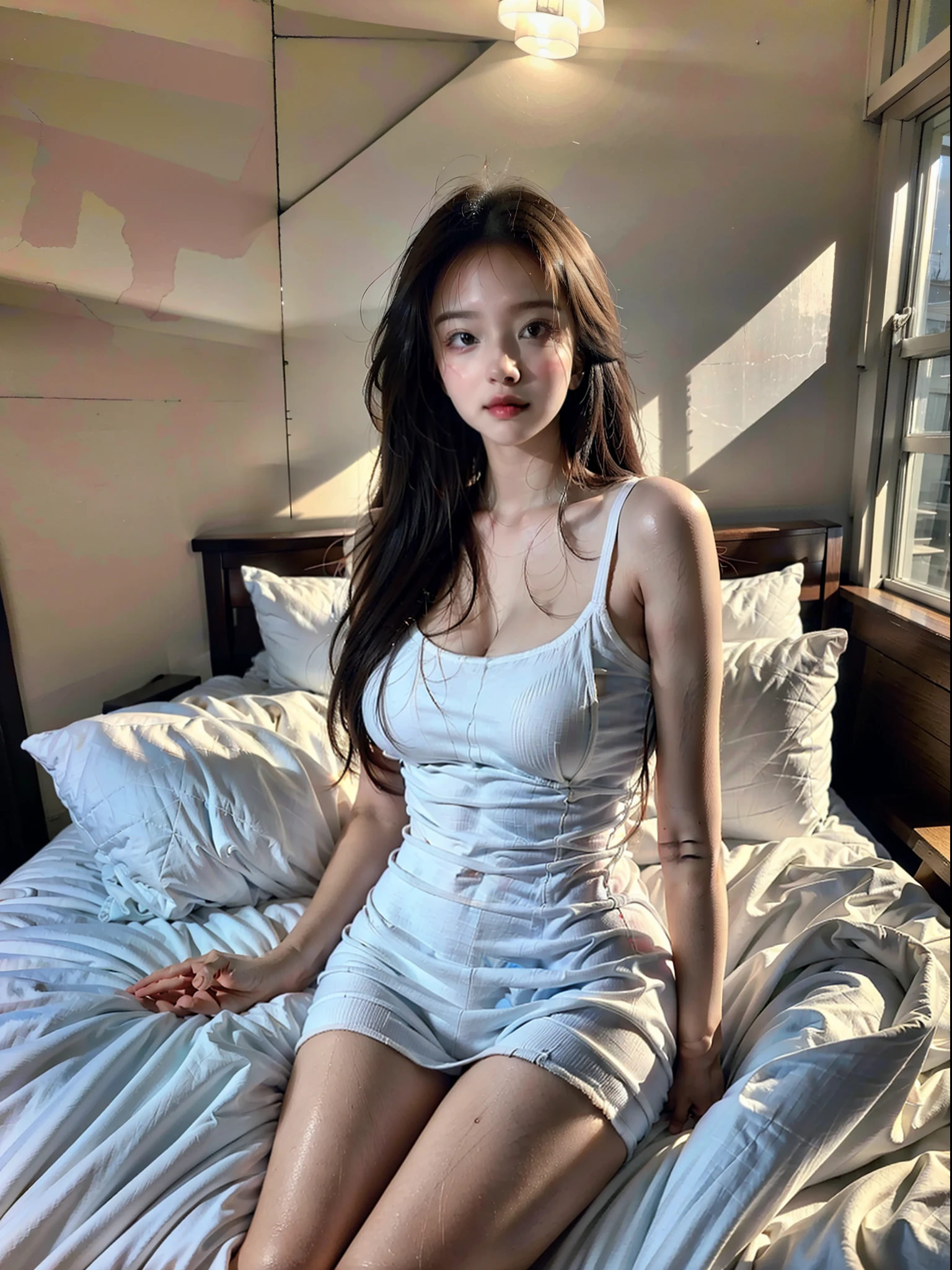 (photorealistic:1.4), (best quality:1.0), (ultra highres:1.0), 8k, RAW photo, (masterpiece:0.2), portrait, face, Beautiful and cute woman with white and smooth skin, red cheeks and adorable, graceful, Sleepwear, is in the room bedroom, use tattoo