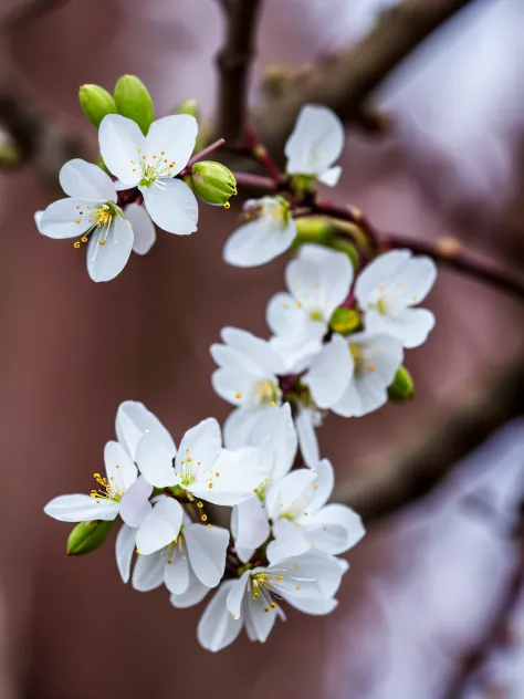 A superb in the cold wind knows the white plum blossoms on the branches near the buds, darkness, dawn, (cold morning: 1.1), (morning dew: 1.15), realistic photography, (low-key photo: 1.2), detail, 8k, intricate folded cicada wings, water droplets and ice ...