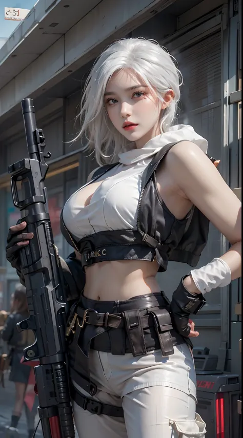photorealistic, high resolution, 1women, solo, hips up, look at viewer, (detailed face), white hair, swat vest, gun, jewelry