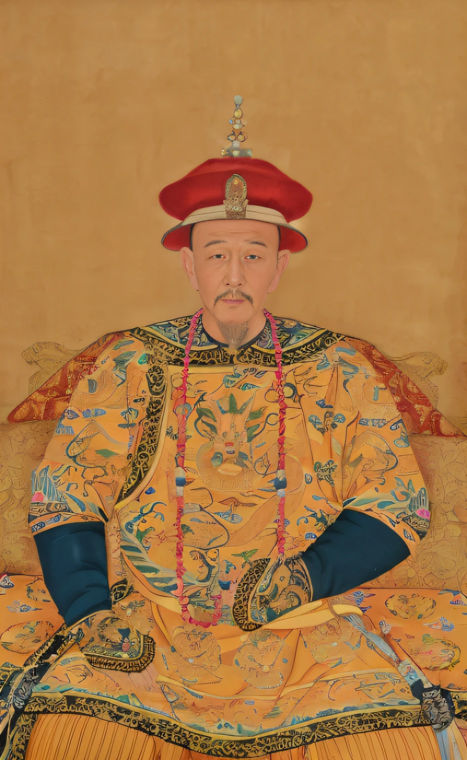 Arafard man sitting in a chair in a yellow robe and a red hat, by Xuande Emperor, Qing dynasty, qing dynasty painting, seated in royal ease, portrait of a king, imperial portrait, royal emperor, portrait of emperor of mankind, painting of a man, The costumes and characters are consistent，1：1 Reservations，The vicissitudes of the eyes，very old，Very thin old man，One with a beard，Close-up of a man wearing a red hat on his head, 1：1 Copy，（realisticlying：1.36），tmasterpiece，highest  quality，16k，The realism of the clothes，Very realistic，Realiy感，The texture of the clothes，Nasolabial folds，70-year-old male，Green beading，Very realistic，Close-up of a painting of a 70-year-old man wearing a red hat, Purple and yellow clothes，The emperor dressed up，Straight nose，Inverted triangular eye，The corners of the eyes are pulled down，1：1 Copy，tmasterpiece，Best resolution。16k，photorealisti，Realiy，realisticlying，（realisticlying：1.37），Very realistic，skin pore，A bearded 70-year-old，Antiquity，Inverted eyebrows，The tail of the eyebrow is downward，wrinkles around the eyes，Yellowish complexion，sbeard，Inverted eyebrows，frontage，Ancients，Kangxi, Emperor of the Qing Dynasty，Qing dynasty ancient，ultra-realistic realism, Kangxi Emperor，