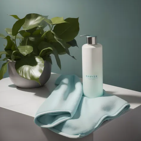 High-definition aesthetic product photography，There was a bottle of shampoo on the bath，Bathroom with teal background，Light blue towel，superior look，Luxury and simplicity , A small number of plant decorations,   Natural beauty, high definition detail