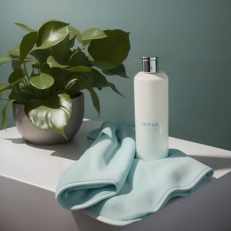 High-definition aesthetic product photography，There was a bottle of shampoo on the bath，Bathroom with teal background，Light blue towel，superior look，Luxury and simplicity , A small number of plant decorations,   Natural beauty, high definition detail