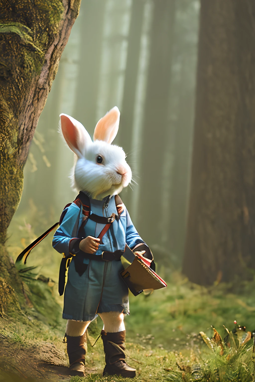 classicnegative portrait photo, fantasy video game character concept art, a cute white fluffy rabbit wearing a small brown leather backpack looking at a map hiking through a forest, dungeons and dragons, fantasy, river, haze, halation, bloom, dramatic atmosphere, 1970s dark fantasy movie, centred, rule of thirds