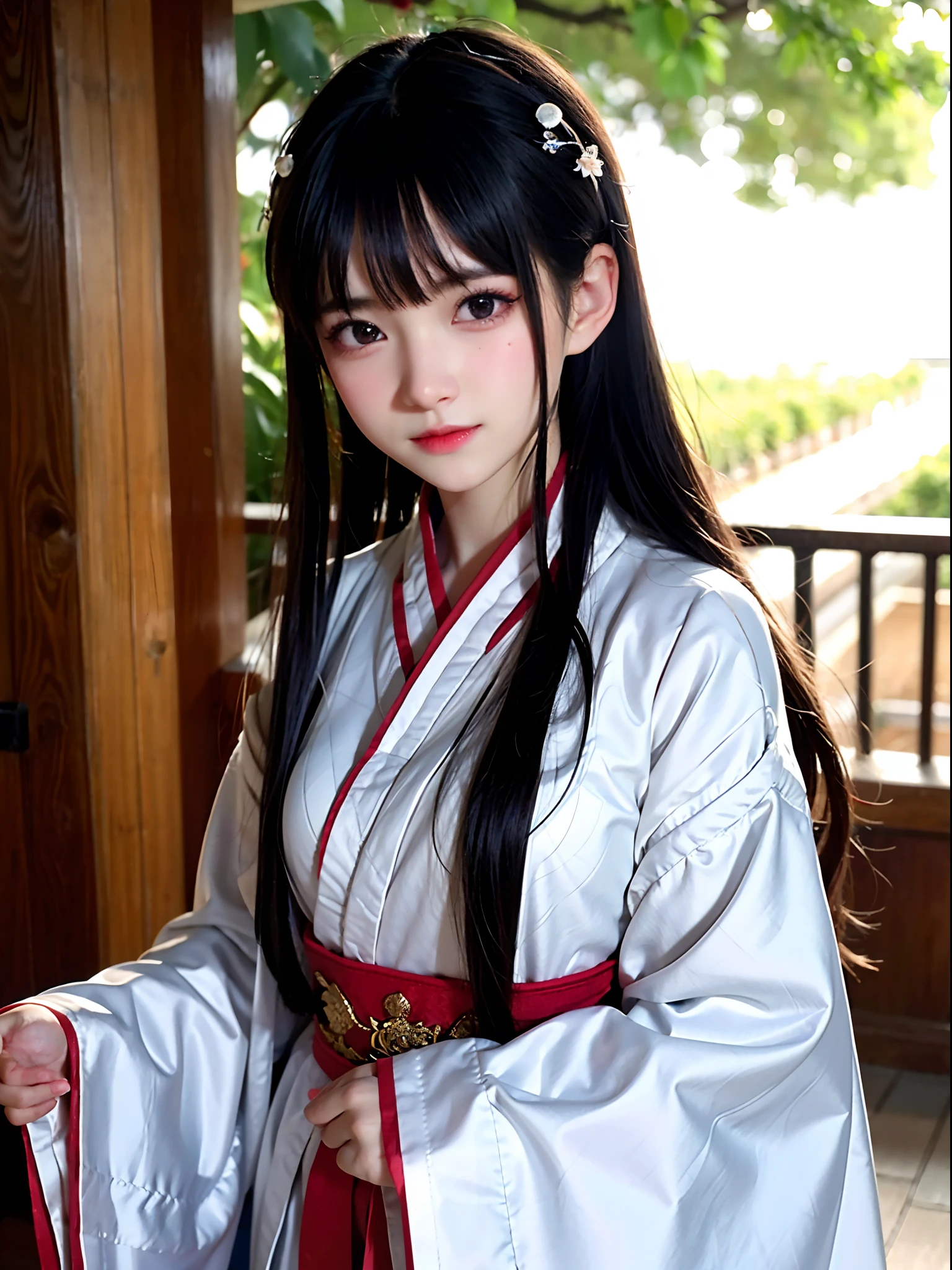 Medium view, Girl focus, A girl,（Hanfu：1.3），From outside the camera,  Delicate and beautiful face, Exotic, Mysterious Forest, High detail red eye, Wind, The wind blows hair, windward, High detail hair,  Epic, Masterpiece,(Best shadows),