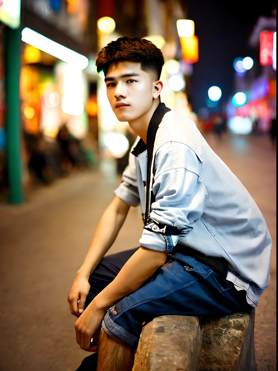 foto en bruto, Un joven sentado junto a una calle por la noche, (piel muy detallada:1.2), 8k hd, DSLR, iluminación suave, alta calidad
