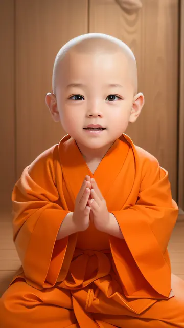 a close up of a child in a monk robe sitting on a floor, Buddhist, lovely digital painting, monk clothes, buddhist monk, yanjun ...