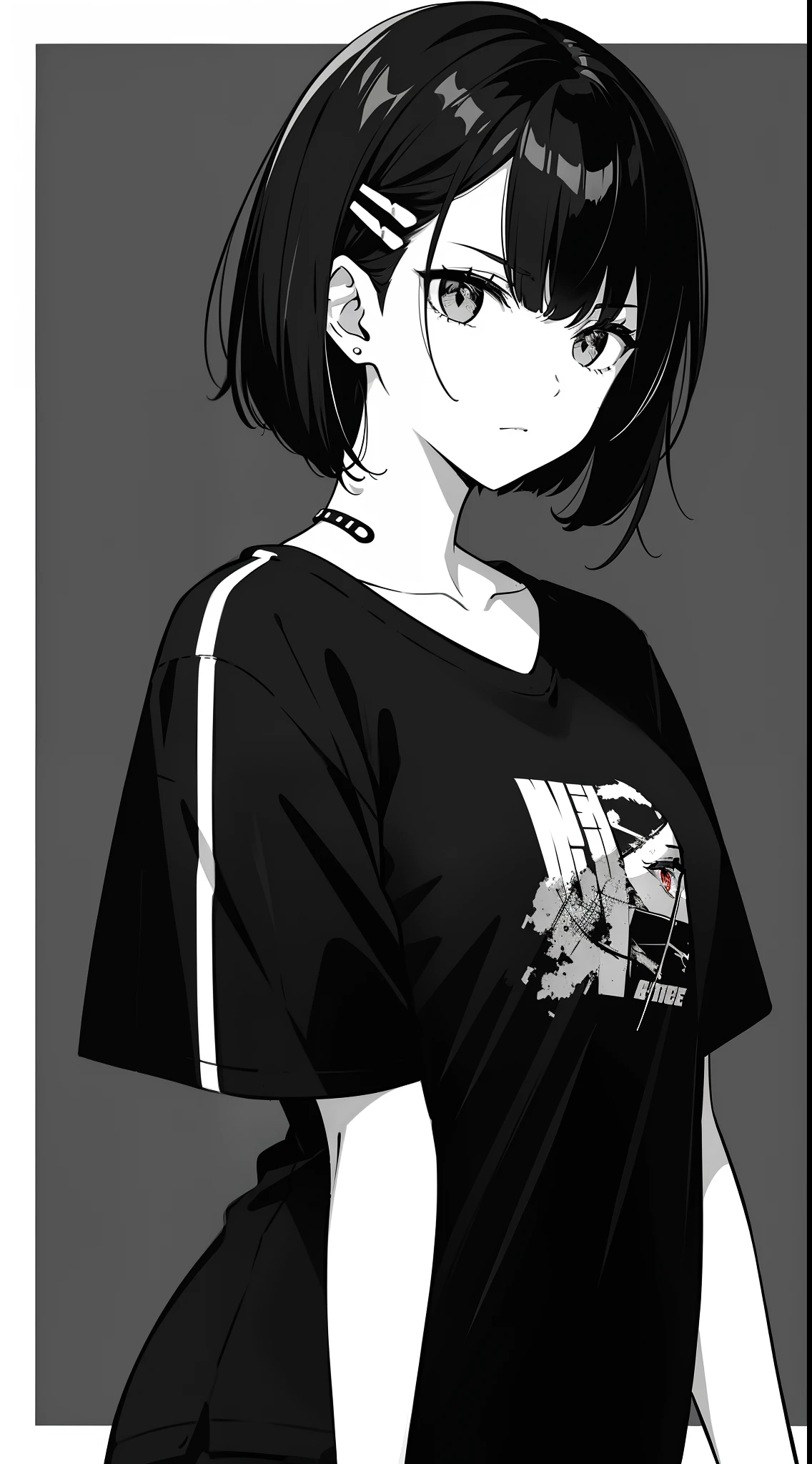 女の子, 横顔, 白黒, メッシーショートヘア, エッジの効いたアクセサリー,スポーティなスタイル, カジュアルTシャツ, 自信に満ちた視線, モノクロの配色, 横を見る, シックなストリートファッション, ポケットに手を入れるカジュアルなポーズ,頭,((人)),ヘアピン