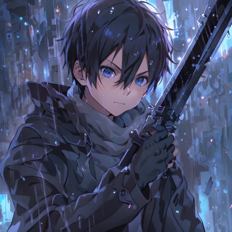 (absurdres, highres, ultra detailed),(Masterpiece, best quality:1.2),Kirito,1boy,solo,holding black and blue swords,dual weildin...