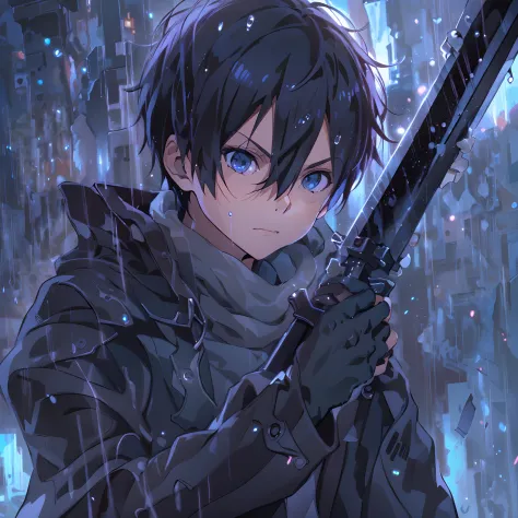 (absurdres, highres, ultra detailed),(masterpiece, best quality:1.2),kirito,1boy,solo,holding black and blue swords,dual weildin...