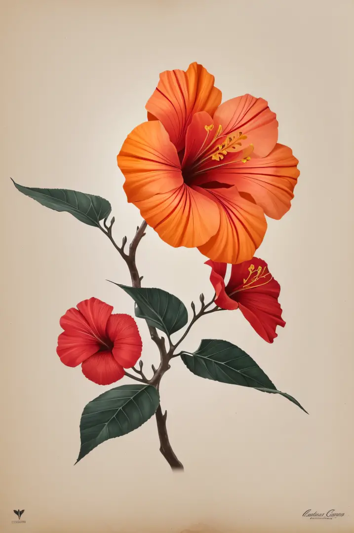 hibiscus flower blooming on a gnarled branch against a grey background, simple background, in the style of light orange and ligh...