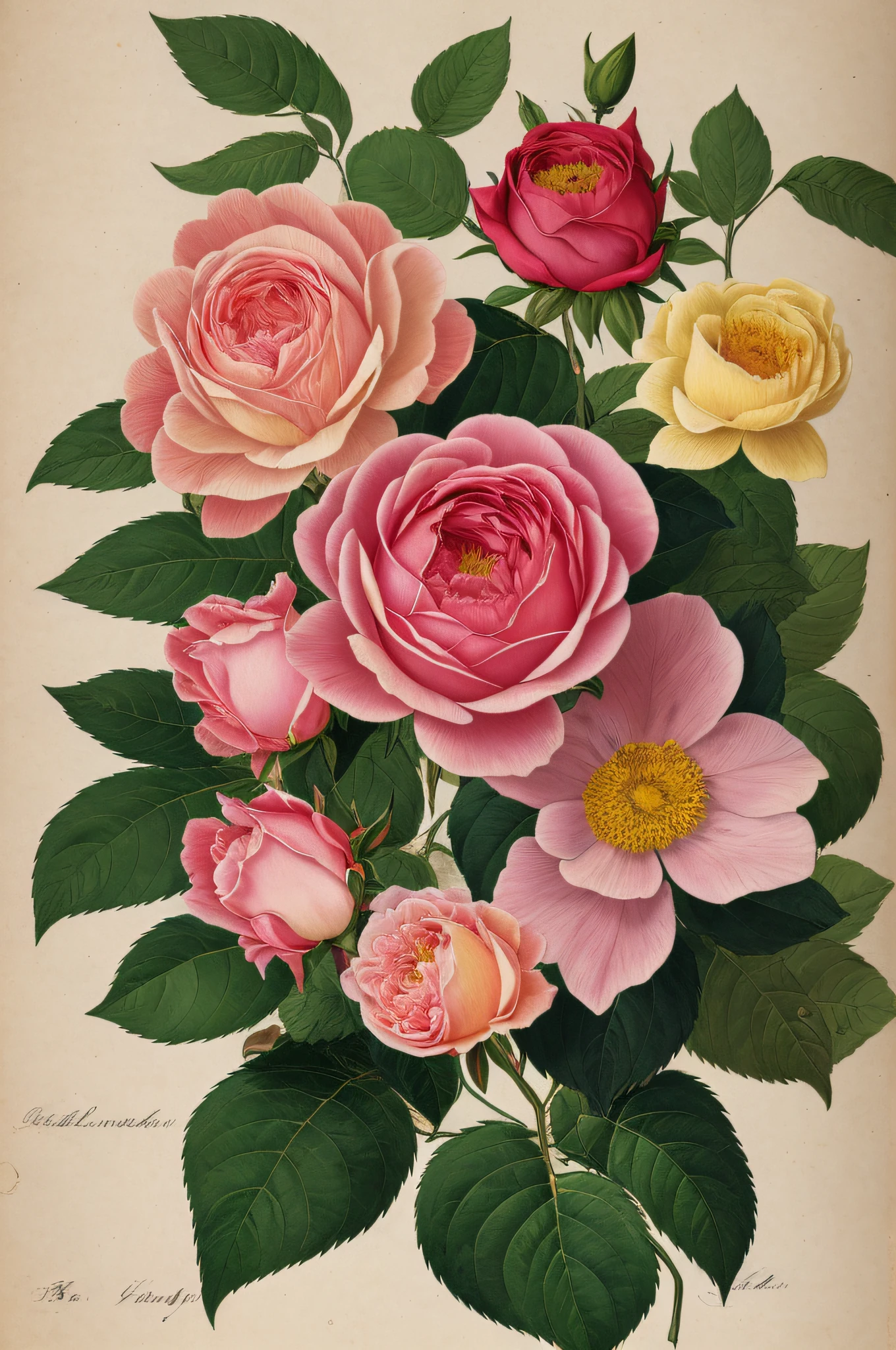 (best quality:1.2), (detailed:1.2), (masterpiece:1.2), vintage botanical illustrations of Larger Provence Rose (1770 1775) in high resolution by John Edwards