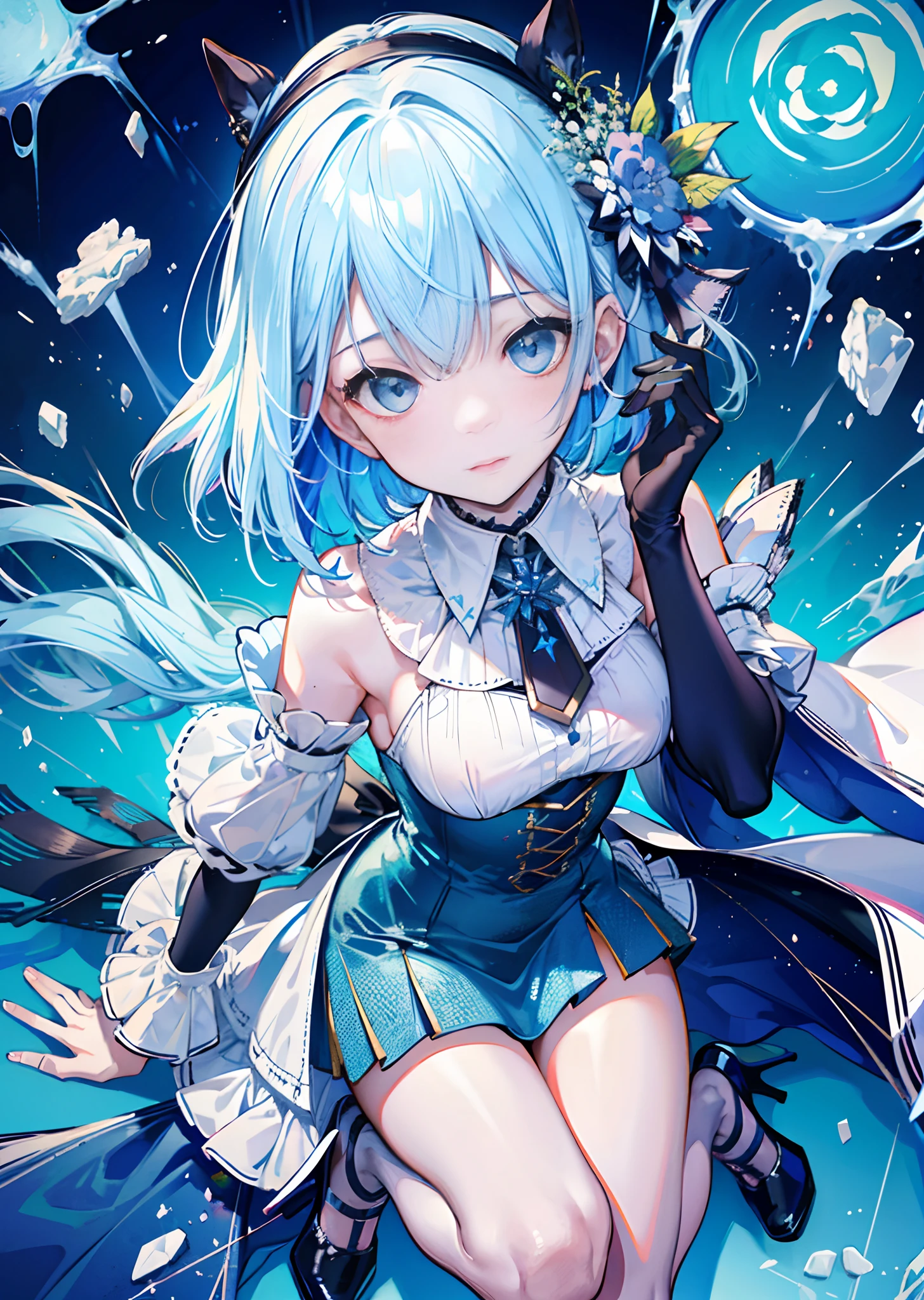Ultra-detailed, (idle), Perfect Detail , Charming eyes, Detailed face, Perfect face, Shy, Looking at Viewer, make up, Whole body, Ambiguous expression, A coquettish expression, Shy,famousartwork, beaming, Stockings, high-heels  , Dreamy face, Light blue hair