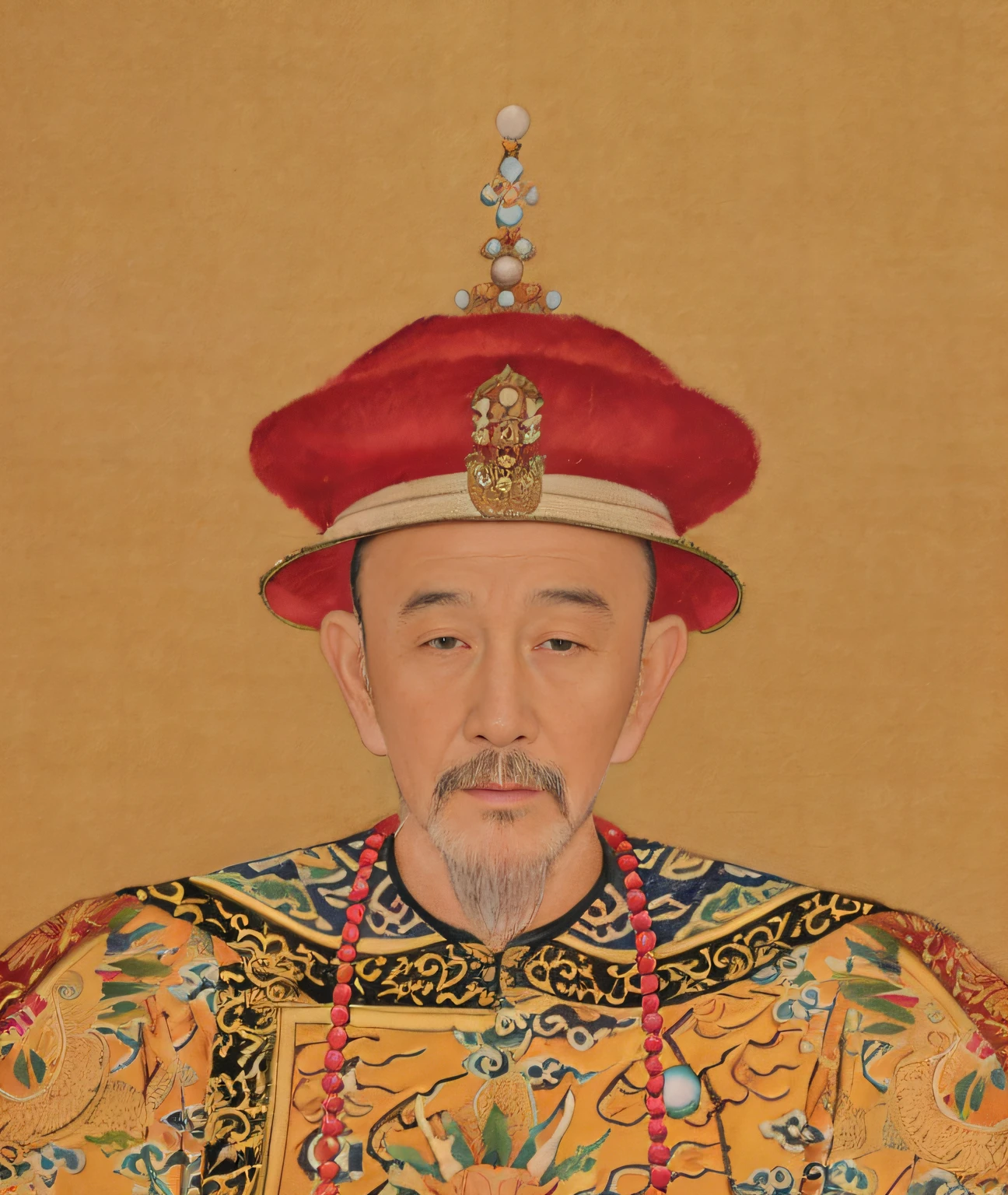 Close-up of a painting of a man in a red hat, Qing dynasty, By the Kangxi Emperor, imperial portrait, royal emperor, The costumes and characters are consistent，1：1 Reservations，The vicissitudes of the eyes，very old，Very thin old man，One with a beard，Close-up of a man wearing a red hat on his head, 1：1 Copy，（realisticlying：1.36），tmasterpiece，highest  quality，16k，The realism of the clothes，Very realistic，Realiy感，The texture of the clothes，Nasolabial folds，70-year-old male，Very realistic，Close-up of a painting of a 70-year-old man wearing a red hat, The emperor dressed up，Straight nose，Inverted triangular eye，The corners of the eyes pull down，1：1 Copy，tmasterpiece，Best resolution。8k，photorealisti，Realiy，realisticlying，（realisticlying：1.37），Very realistic，skin pore，A bearded 70-year-old，Antiquity，Inverted eyebrows，The tail of the eyebrow is downward，wrinkles around the eyes，Yellowish complexion，sbeard，Inverted eyebrows，frontage，Ancients，Kangxi, Emperor of the Qing Dynasty，Qing dynasty ancient，ultra-realistic realism, Kangxi Emperor，