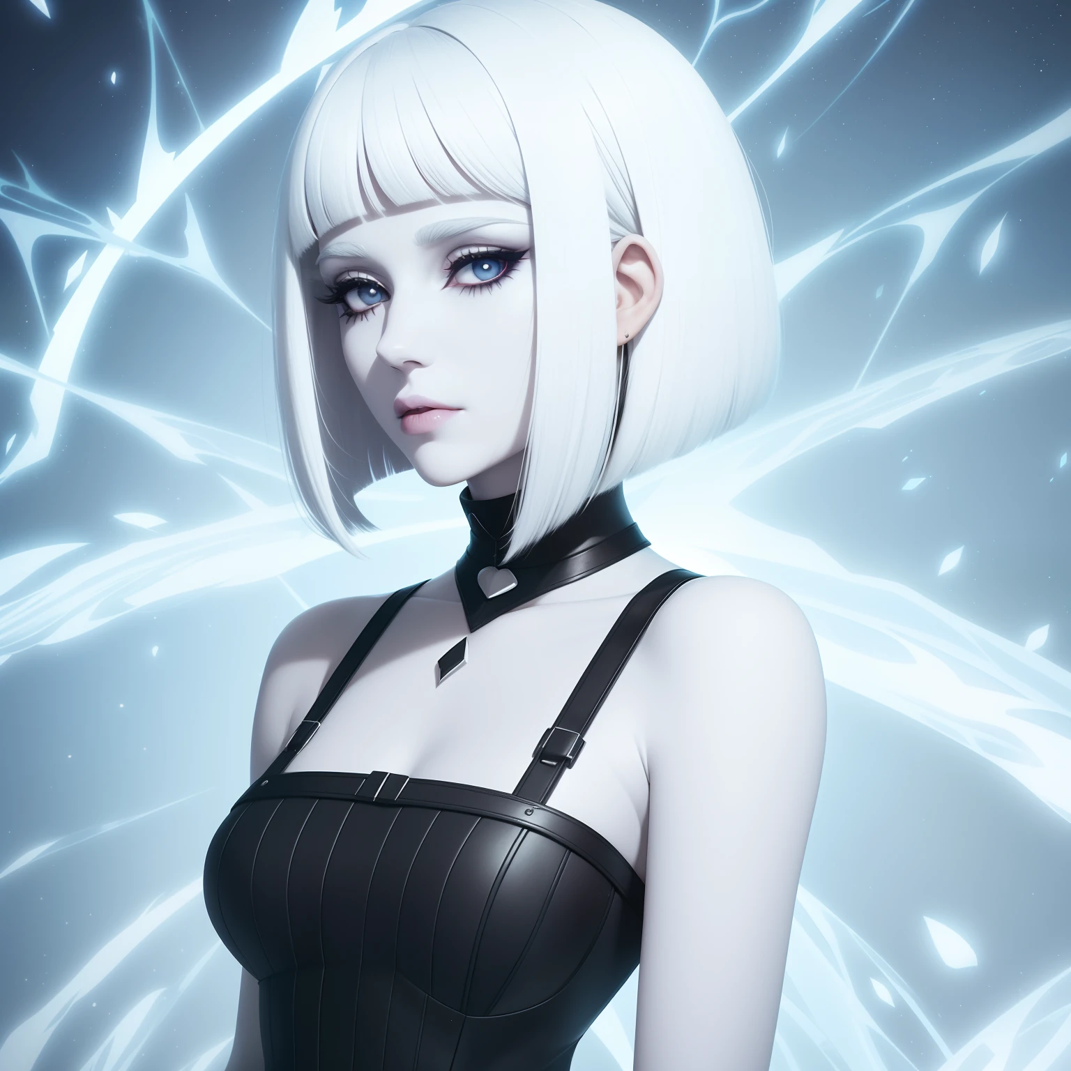 arafed woman with white hair and a black dress standing, white hair, bright white hair, bob cut white hair, bob cut white hair, she has bob cut white hair, fairycore, white glowing hair, she looks like a mix of grimes, white skin and bob cut fiery hair, lily frank