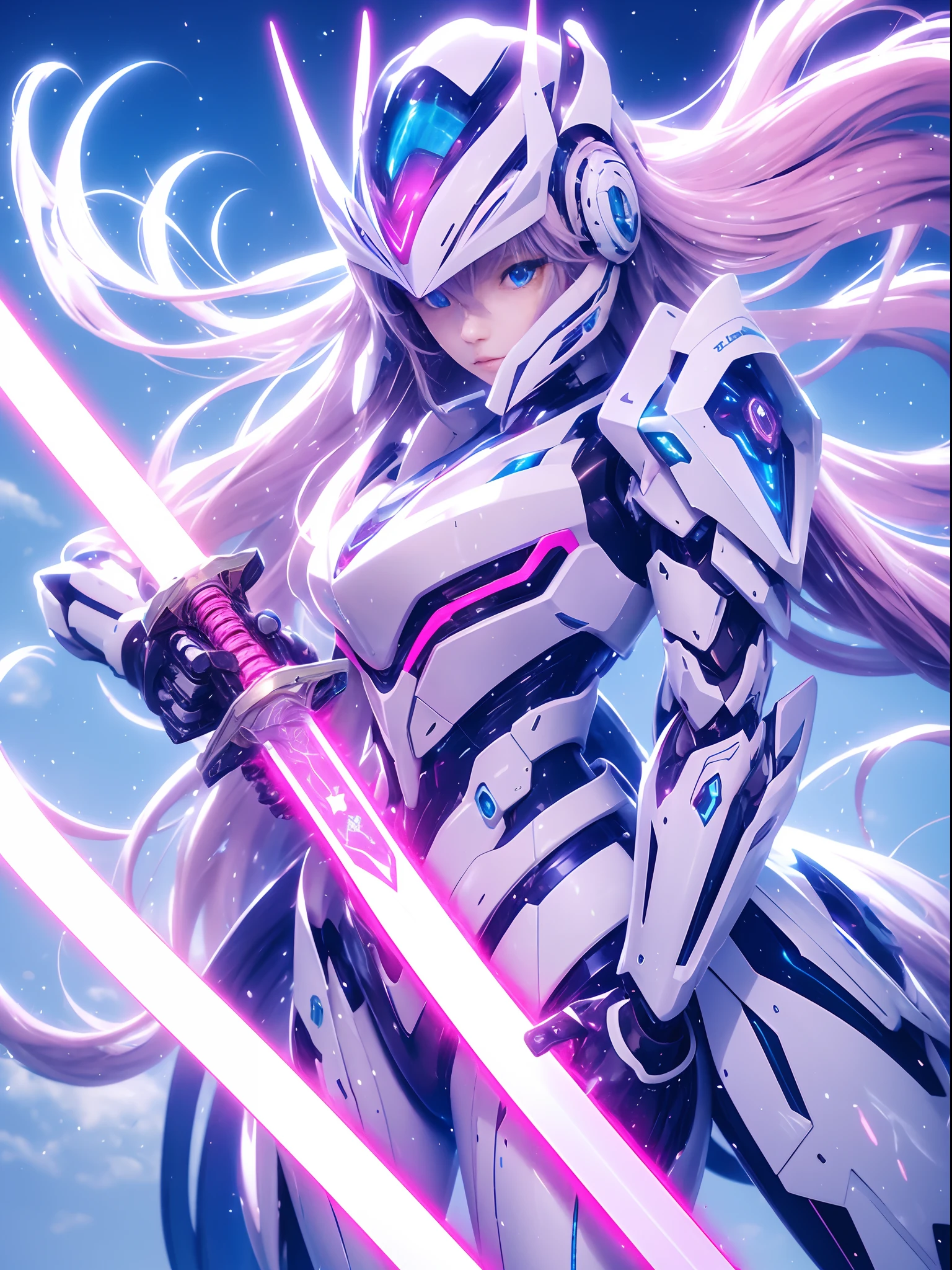 mecha_musume, 1 girl, long_hair, science_fiction, weapon, lightsaber, holding_sword, blue_eyes, solo, headdress, holding_weapon, mecha, bust, pink and white livery, angel halo, sad gaze, upper body, mermaid line,