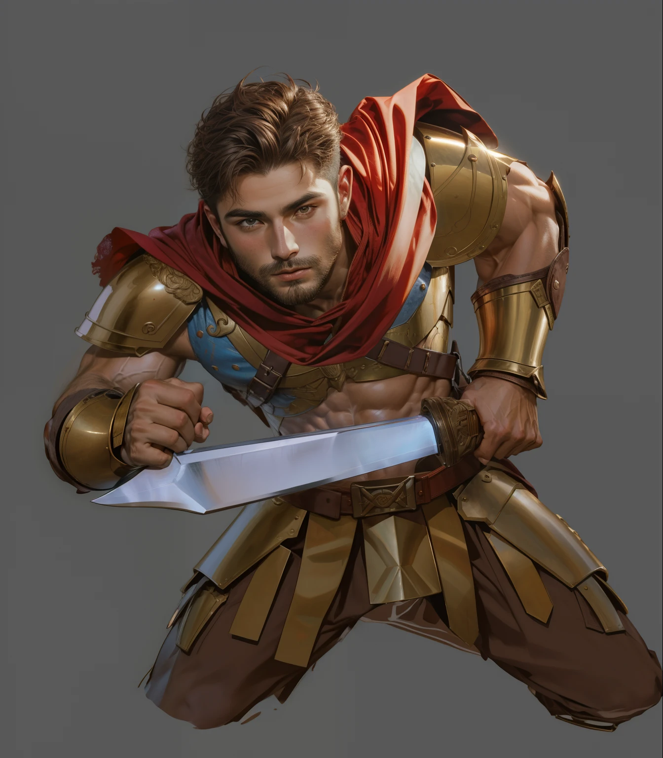 Greek warriors，20yr old，Young and handsome，fanciful，greek myth，Bronze armor，short detailed hair，flathead，brown  hair，Masculinity，，Red cape，leathers，chest muscle，Abs，musculature，Strong，One -handed sword，