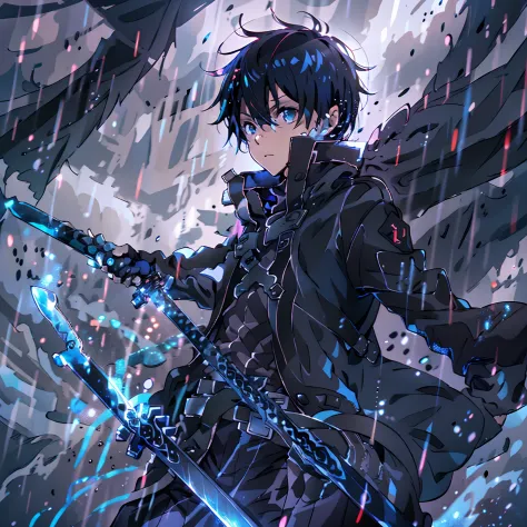 (absurdres, highres, ultra detailed),(masterpiece, best quality:1.2),kirito,1boy,solo,holding black and blue swords,dual weildin...