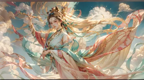 （beauty fairy）, （buddhism），（dunhuang）, （bodhisattva）, she flew in the air, colorful silk cloth flutters，clouds surround，（delicat...