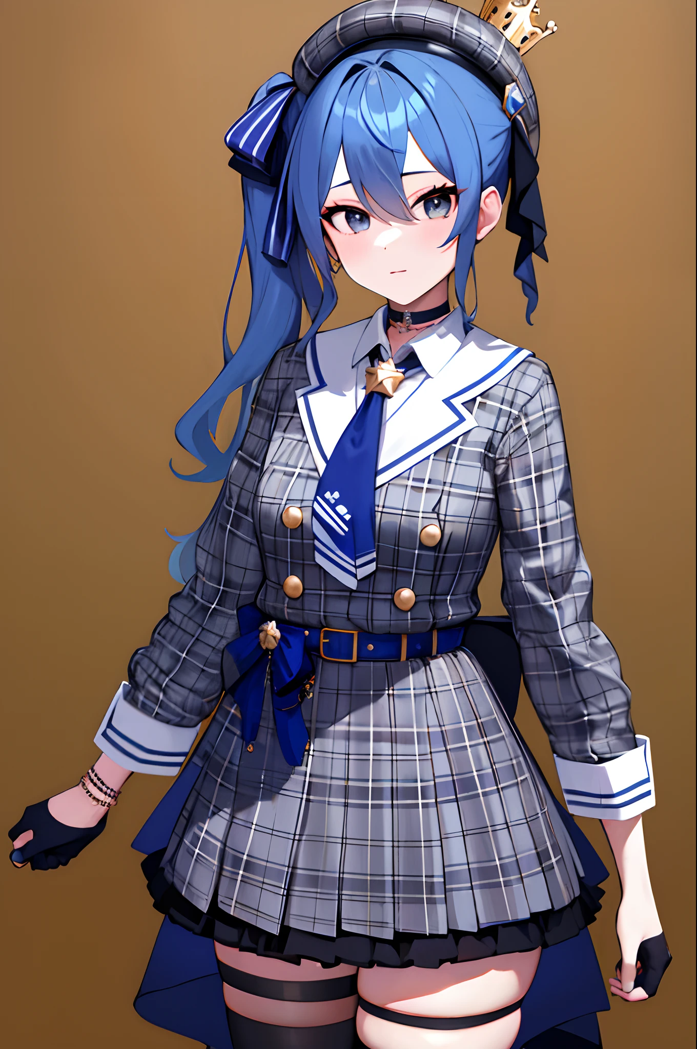 masterpiece, best quality, highres, sui1, 1girl, solo, side ponytail, hoshimachi suisei, fingerless gloves, single thighhigh, jewelry, single sock, thigh strap, bracelet, blue socks, buttons, single kneehigh, plaid dress, blue choker, blue belt, plaid skirt, mini crown, grey skirt, blue ascot, long sleeves, plaid jacket, cowboy shot,