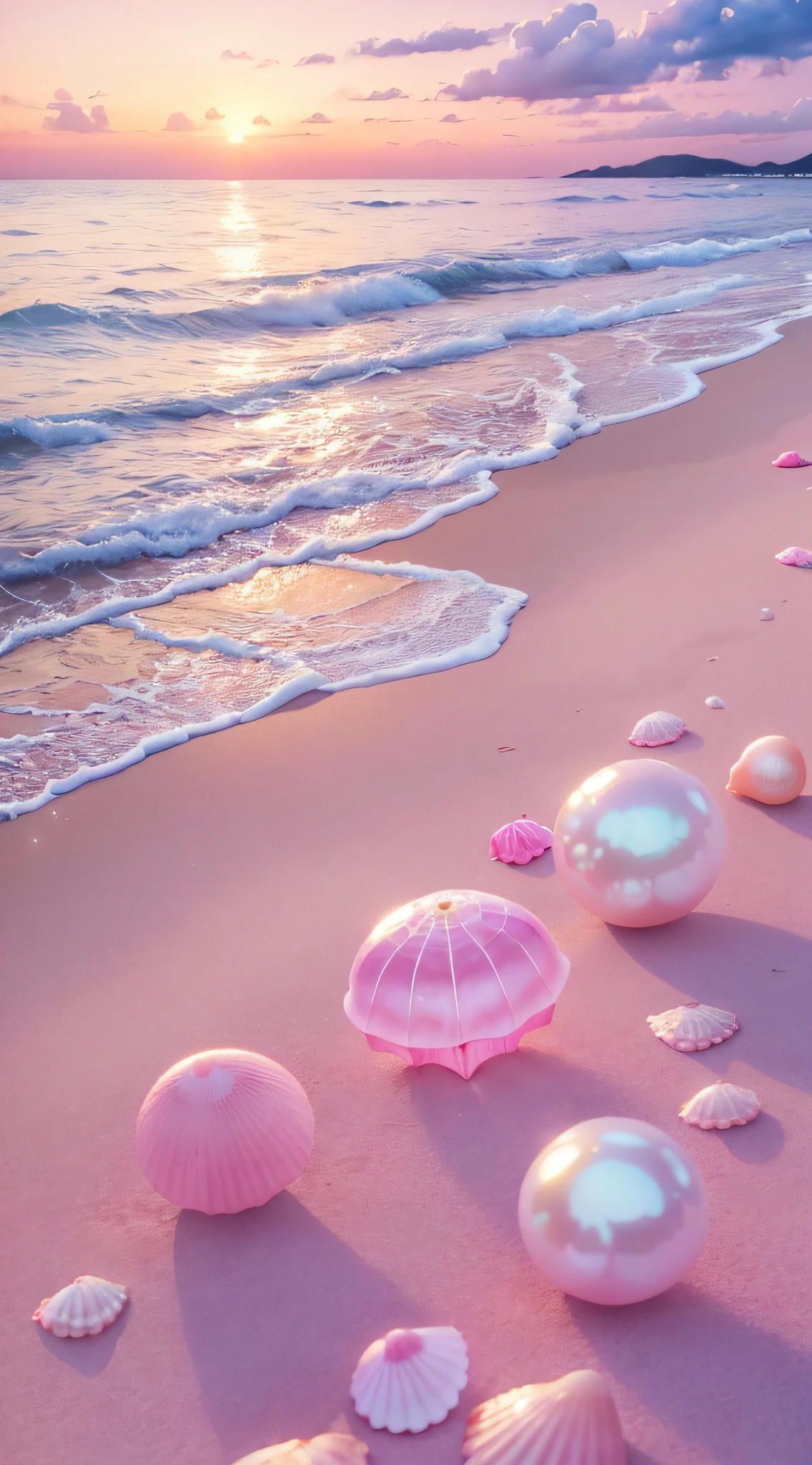 (8k, Photo brute, meilleure qualité, dessus de la table: 1.2), (réaliste, réaliste: 1.37) There are pink coquilles on the beach, il y a des eaux, nacré, perles and coquilles, Déversement doux, perles, Les méduses roses sont partout, rendu 3D doux, bulles éthérées, paysage de bulles, Shader Elay, rose pastel, reflets roses, ciel de perles, coquilles, rose paradis, couleurs pastel, Pastels roses,