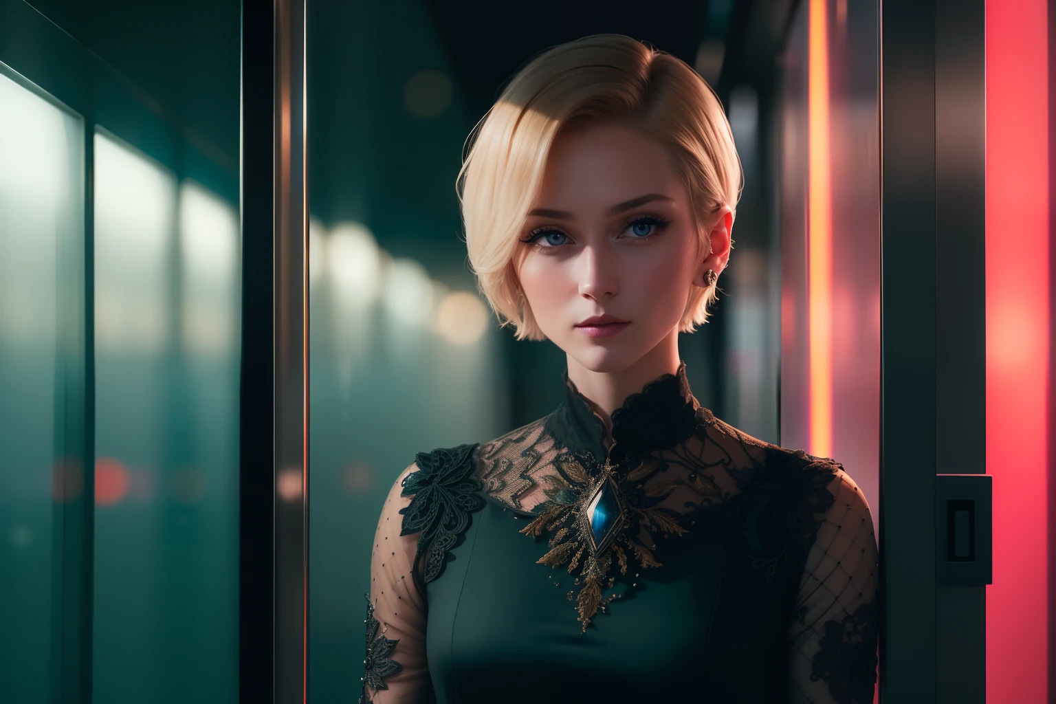 Photorealistic, Photography, RAW photo, in a panoramic view，30-year-old woman with short hair and elegant standing alone in a fully transparent glass sightseeing elevator，Look in the direction of the lens outside the window，When the elevator climbs，The color of the neon lights is constantly changing on the glass，The elevator next door is descending。 (high resolution), (Photorealistic:1.4), (extremly intricate), (exquisite and meticulous), Highly detailed, A high resolution, Original, Extremely detailed 8k wallpaper, Best quality, Detailed face, Ultra-detailed,