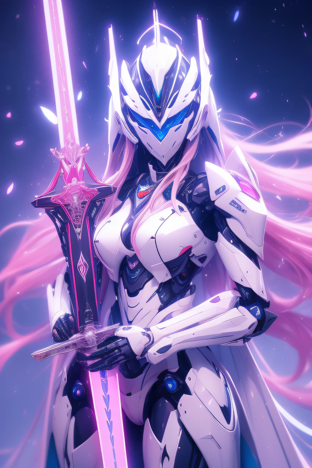 mecha_musume, 1 robot knight, long_hair, science_fiction, weapon, lightsaber, holding_sword, blue_eyes, solo, headdress, holding_weapon, mecha, bust, pink and white livery, angel halo, sad gaze, upper body, mermaid line,