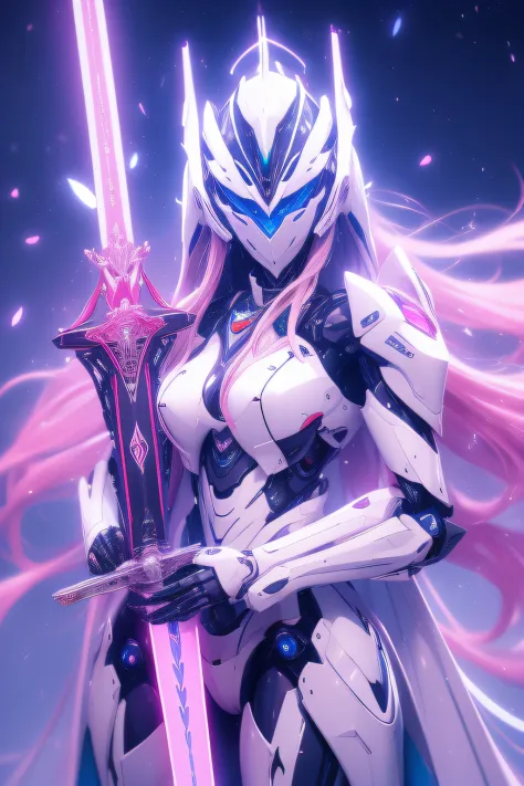 mecha_musume, 1 robot knight, long_hair, science_fiction, weapon, lightsaber, holding_sword, blue_eyes, solo, headdress, holding...