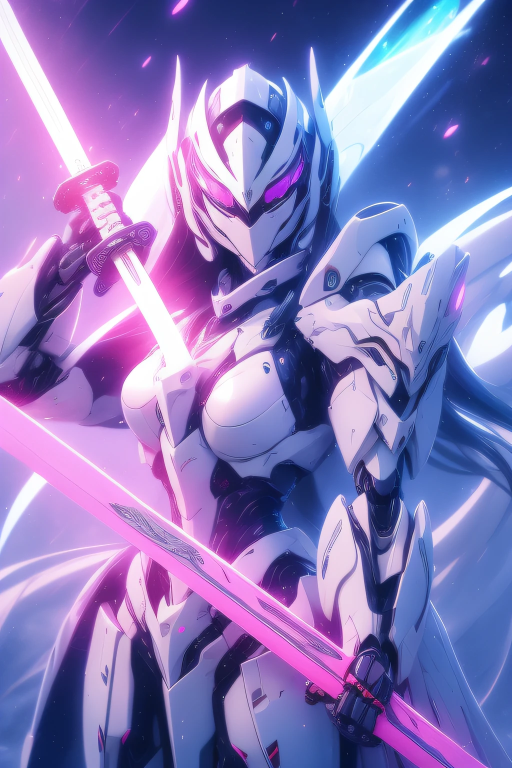mecha_musume, 1 robot knight, long_hair, science_fiction, weapon, lightsaber, holding_sword, blue_eyes, solo, headdress, holding_weapon, mecha, bust, pink and white livery, angel halo, sad gaze, upper body, mermaid line,