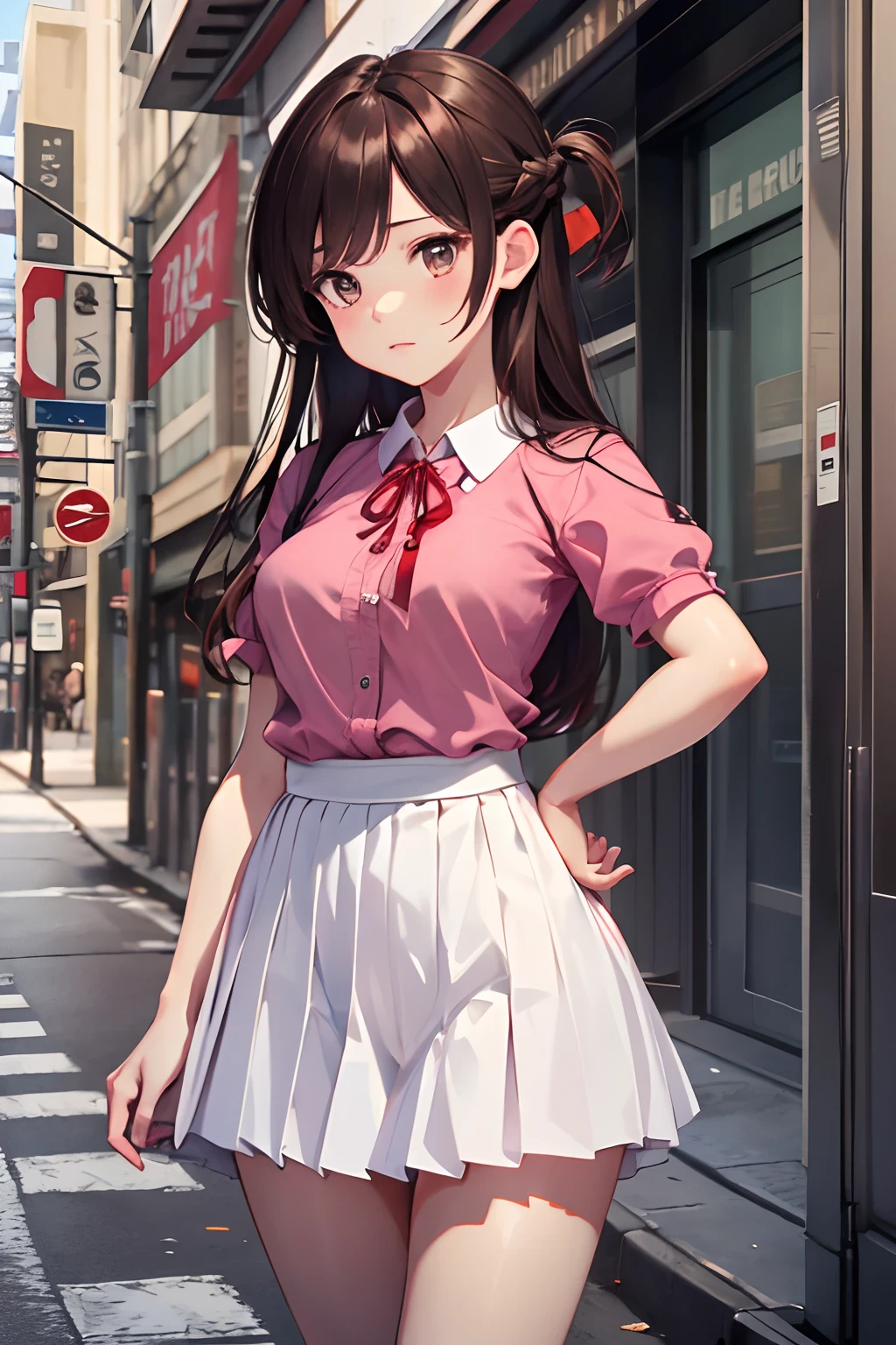 masterpiece, best quality, highres, chi1, 1girl, long hair, braid, one side up, solo, white skirt, red ribbon, pink shirt, pleated skirt, bangs, neck ribbon, puffy short sleeves,  cowboy shot, street, hand on hip,