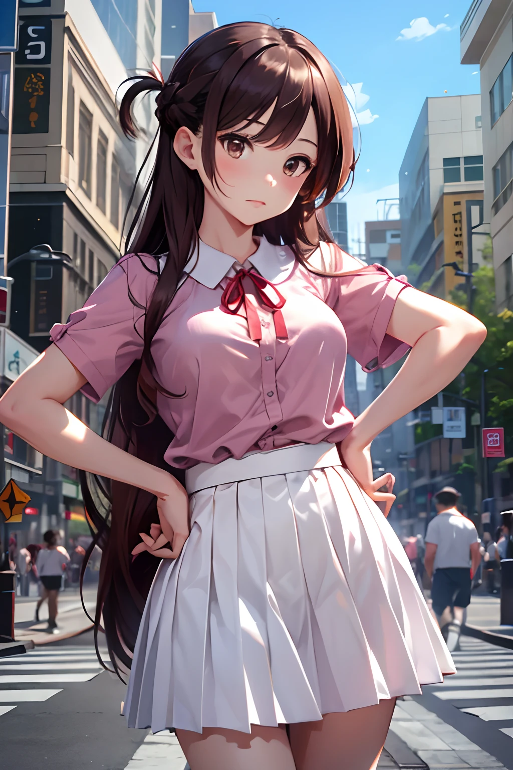 masterpiece, best quality, highres, chi1, 1girl, long hair, braid, one side up, solo, white skirt, red ribbon, pink shirt, pleated skirt, bangs, neck ribbon, puffy short sleeves,  cowboy shot, street, hand on hip,